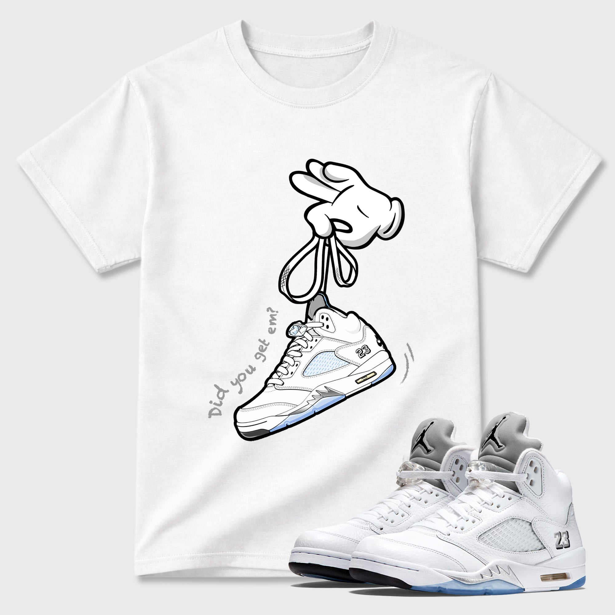 Cartoon Hands  Sneaker Tees - Air Jordan 5 White Metallic