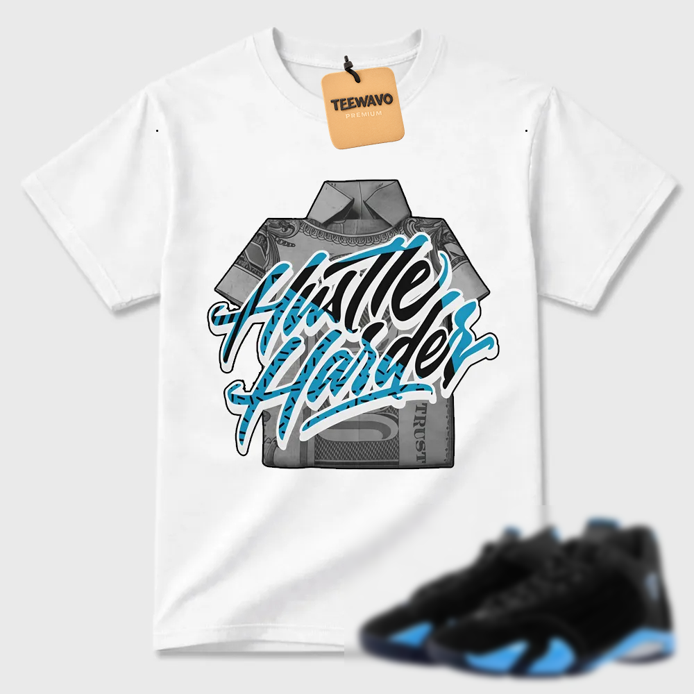 Hustle Sneaker Shirt Black to Match Jordan 14 University Blue