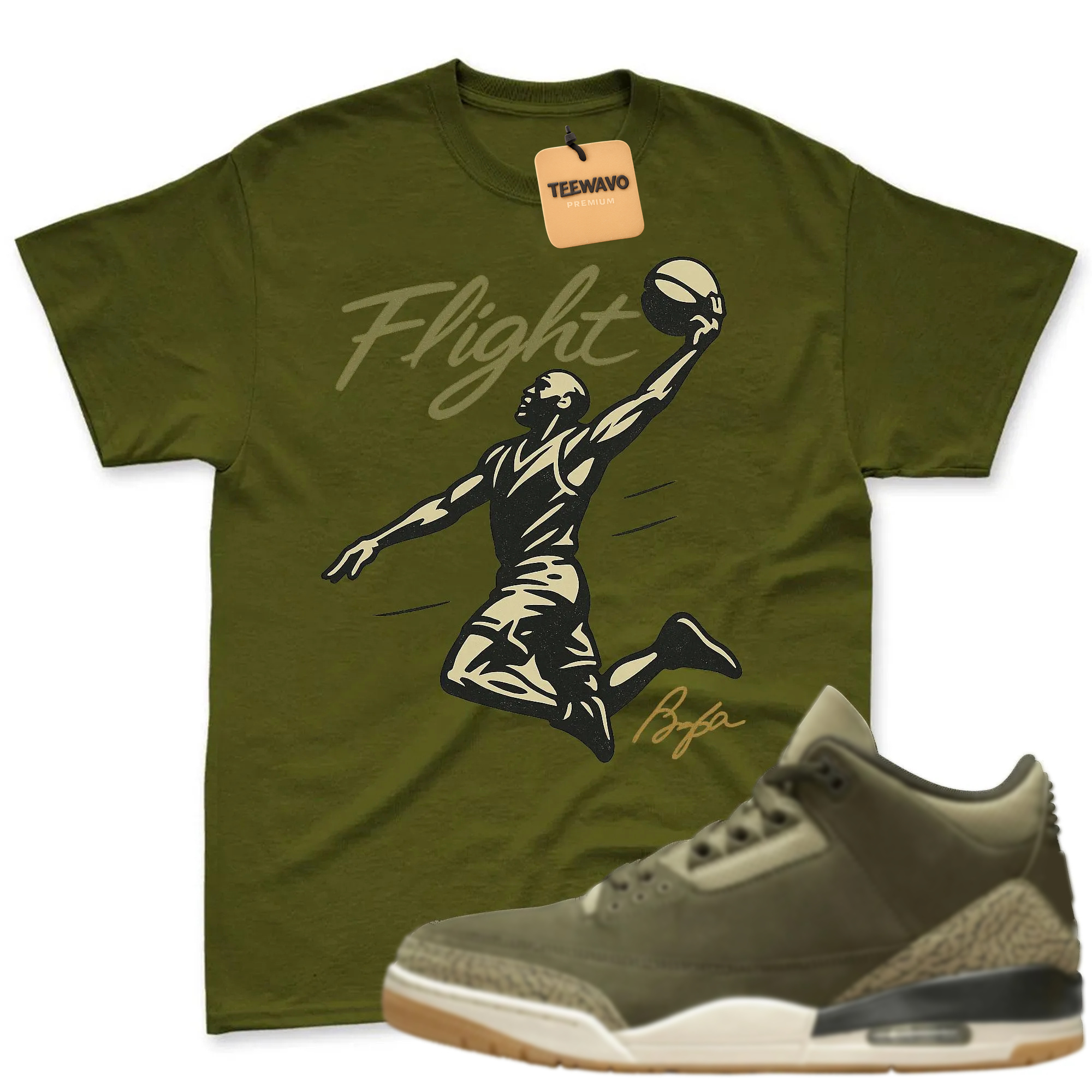 FLIGHT Shirt to Match Joardan 3 Family Affair Medium Olive, Jordan 3 Family Affair Olive Sneaker Mact