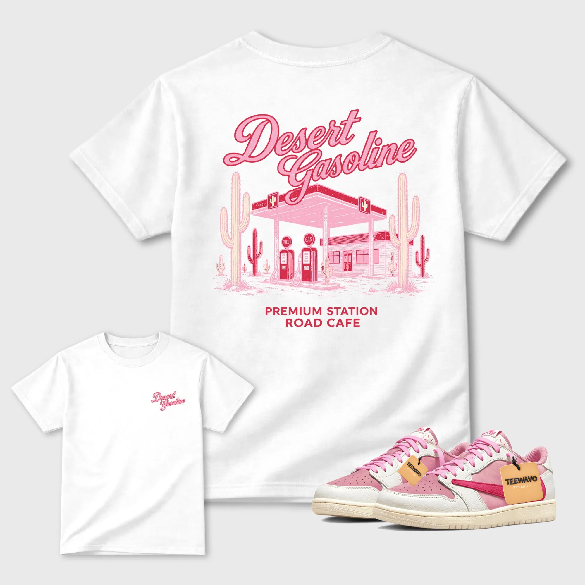Desert Gasoline  Sneaker Tees - Air Joardan 1 Travis Scott Tropical Pink