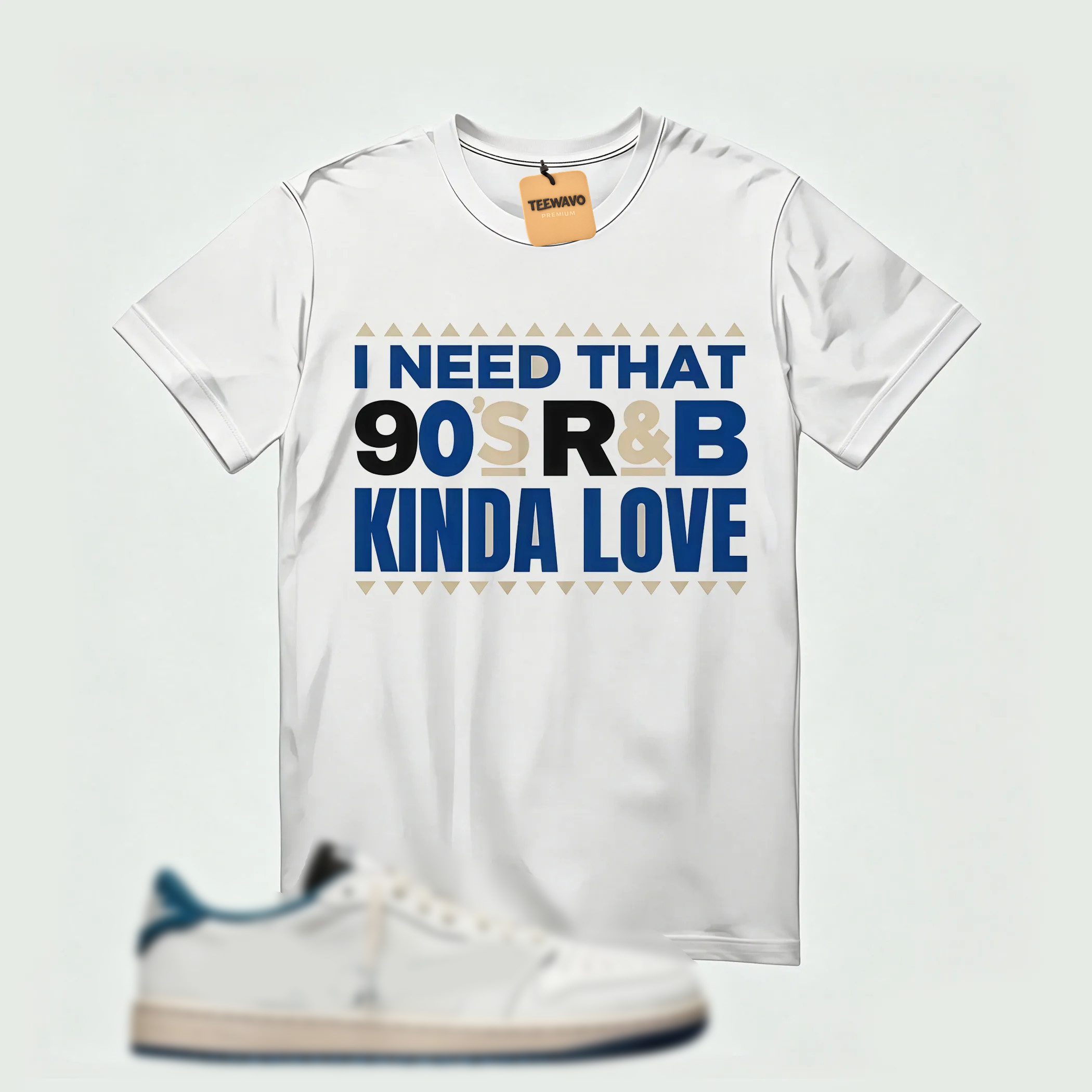 AJ 1 Low OG SP x Fragment Design x Travis Scott Sail Military Blue , T-Shirt (I Need That 90s R&B Kinda Love)