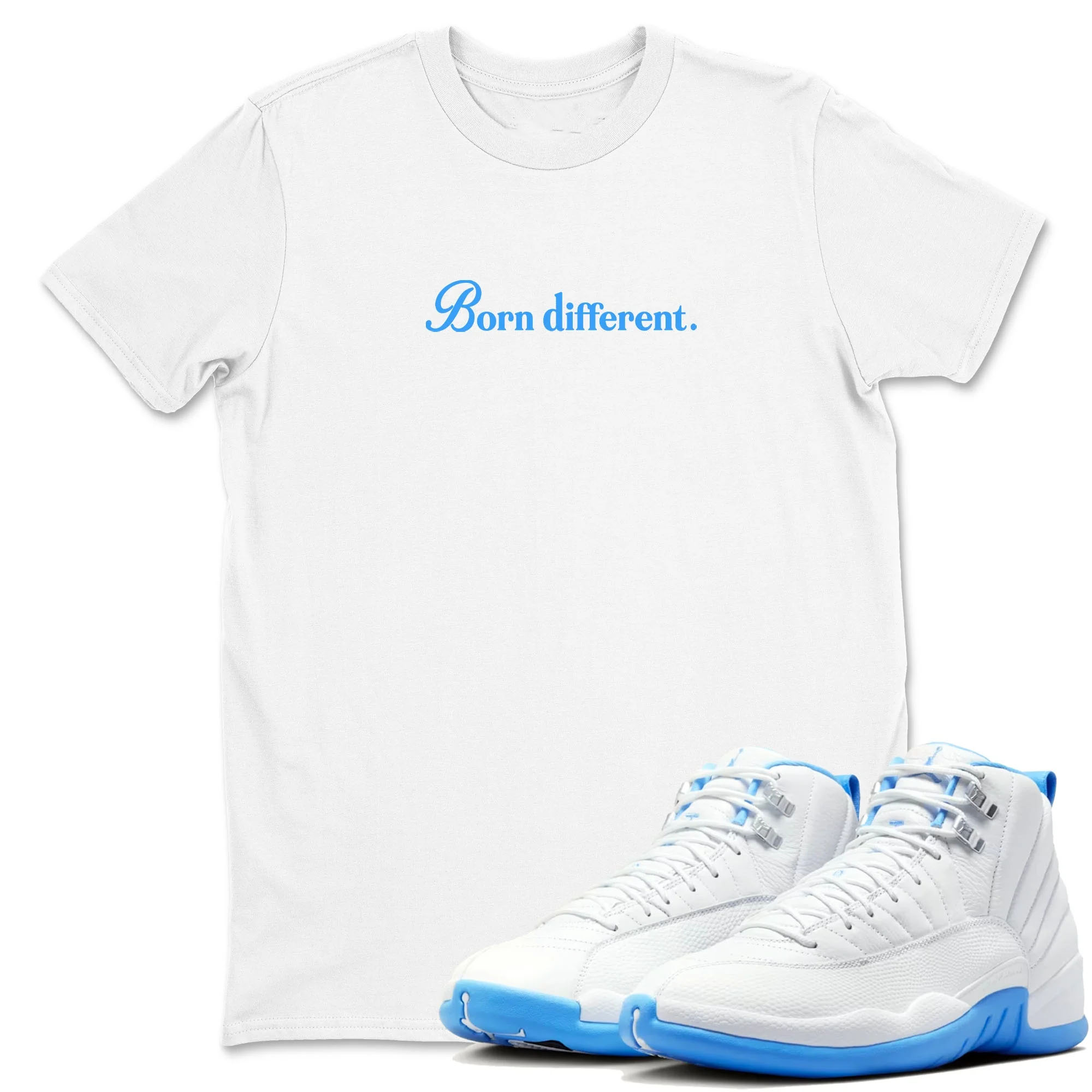 Born Different TEEWAVO Sneaker Tees - Air Jordan 12 White and University Blue