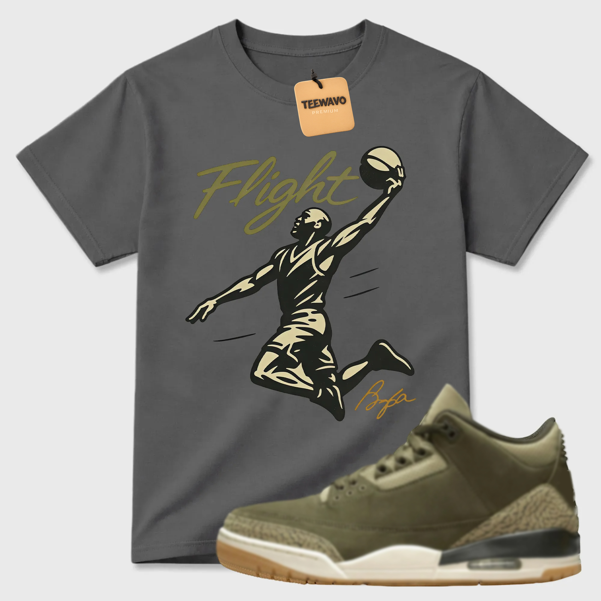 FLIGHT Shirt to Match Joardan 3 Family Affair Medium Olive, Jordan 3 Family Affair Olive Sneaker Mact