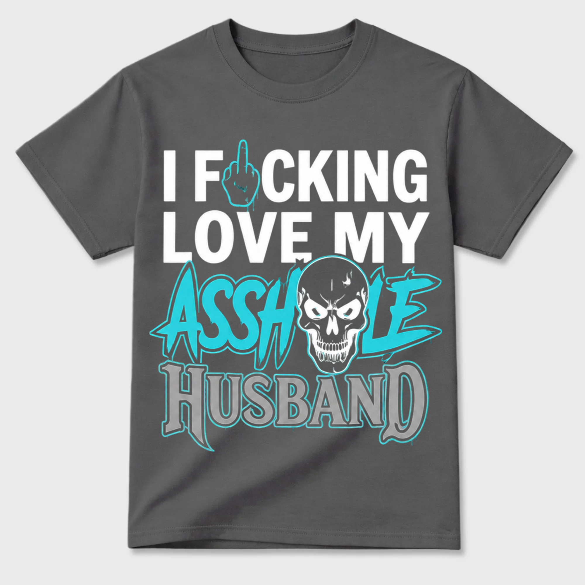 Skull Gesture Spouse Love Slogan Graphic Casual Cotton Crew T-Shirt