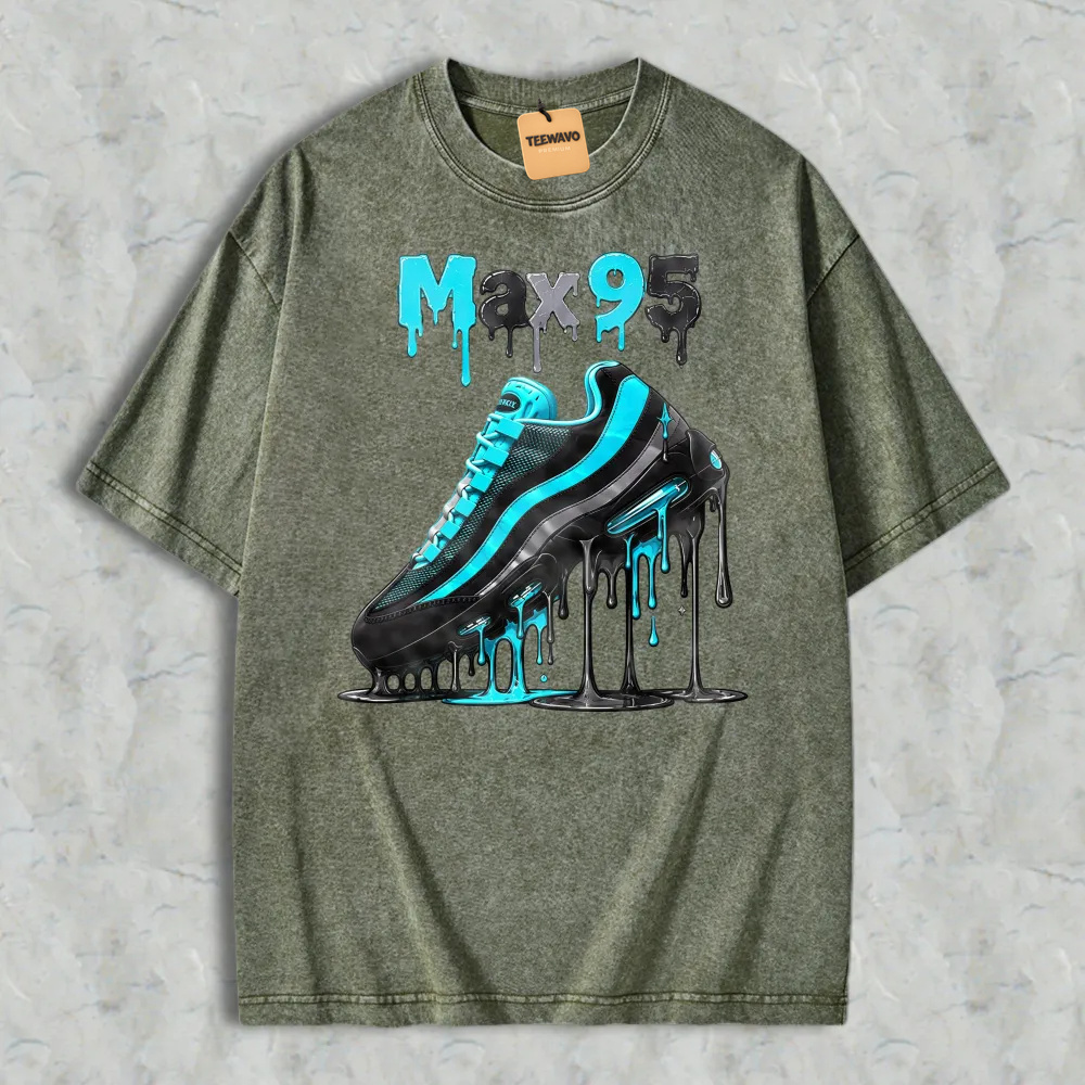 Blue And Black Sneaker With Drip Effect Graphic Washed T-shirt