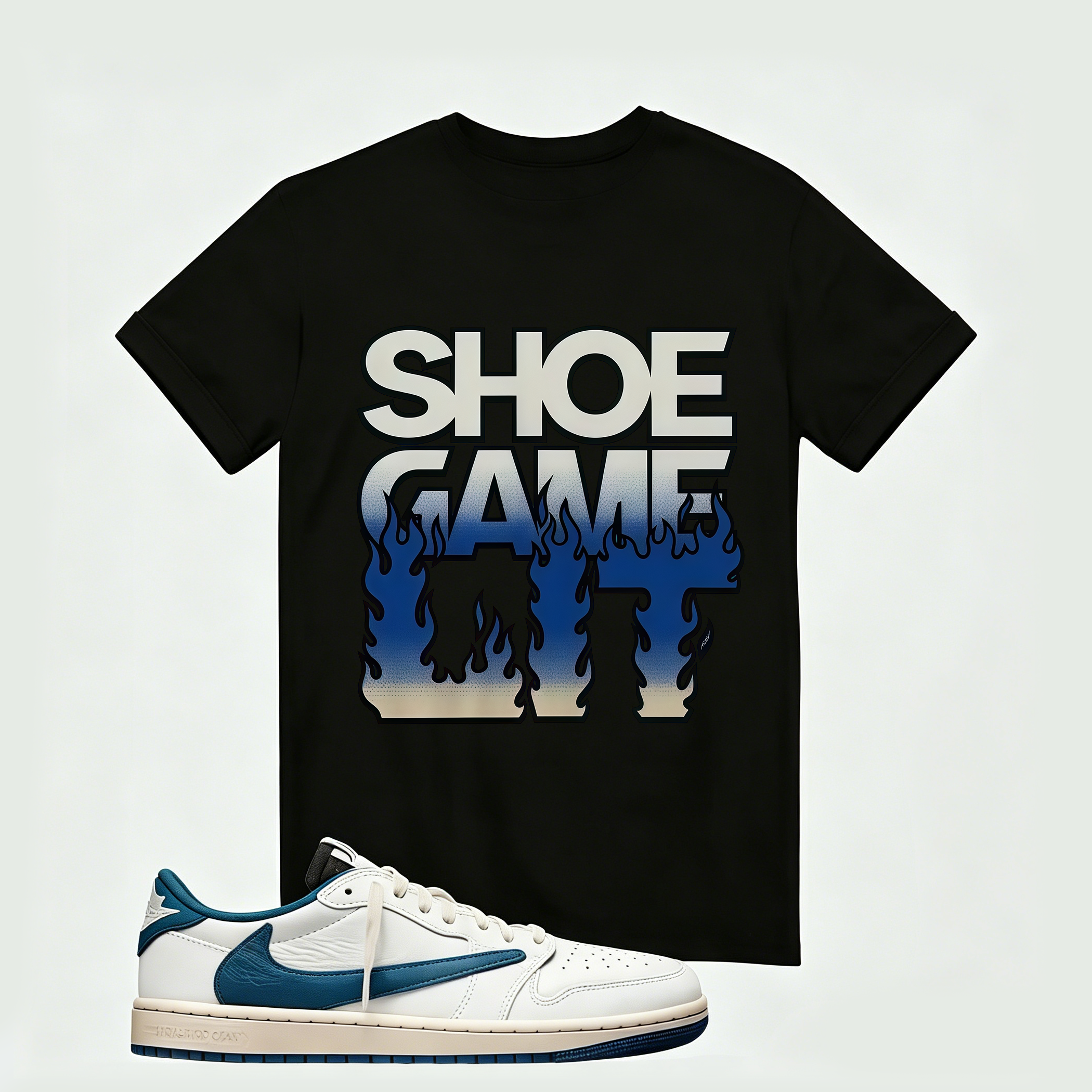 Air Jordan 1 Low OG SP x Fragment Design x Travis Scott Sail Military Blue , T-Shirt (Shoe Game Lit Refreshed)