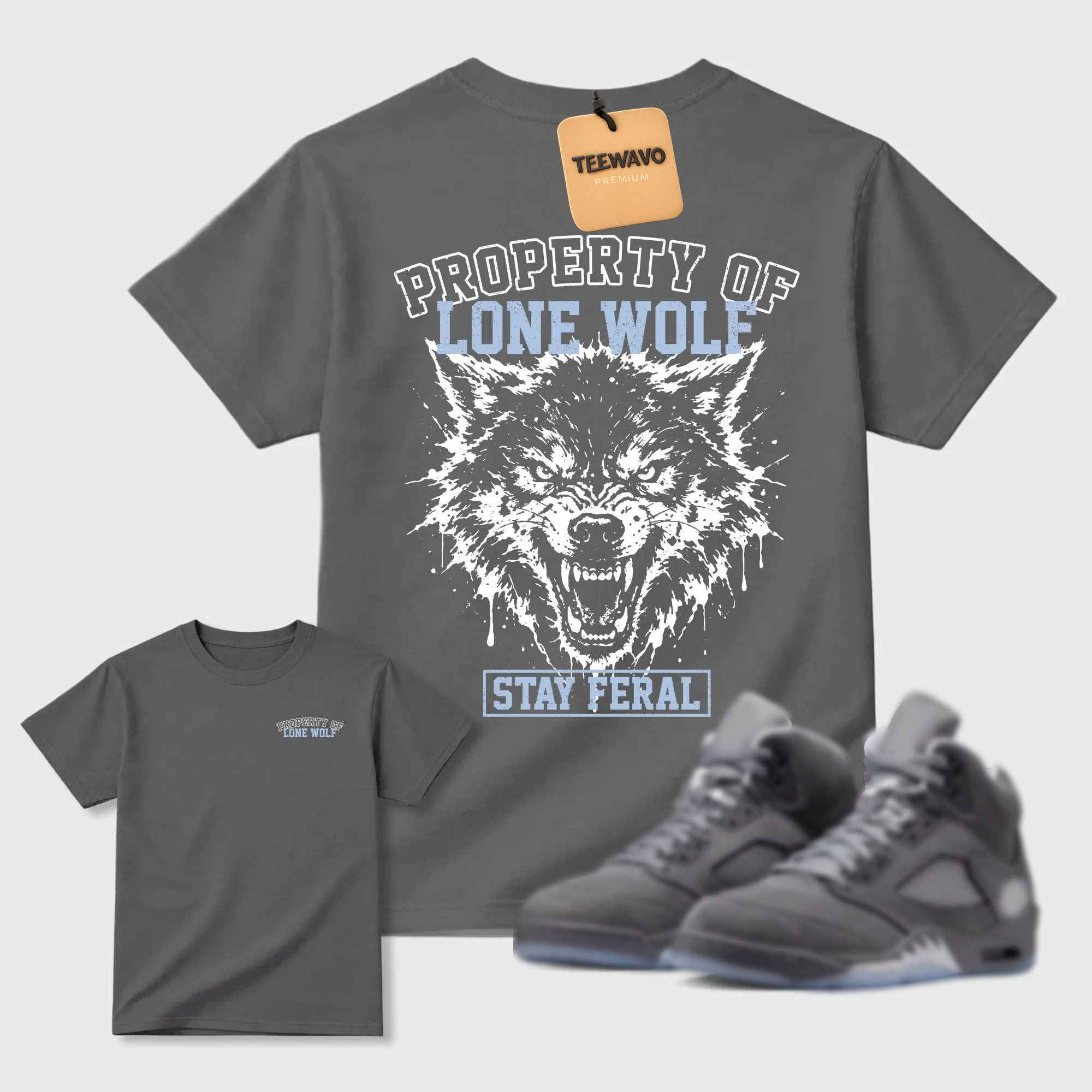 Property of Lone Wolf TEEWAVO Sneaker Tees - AJ 5 Wolf Grey