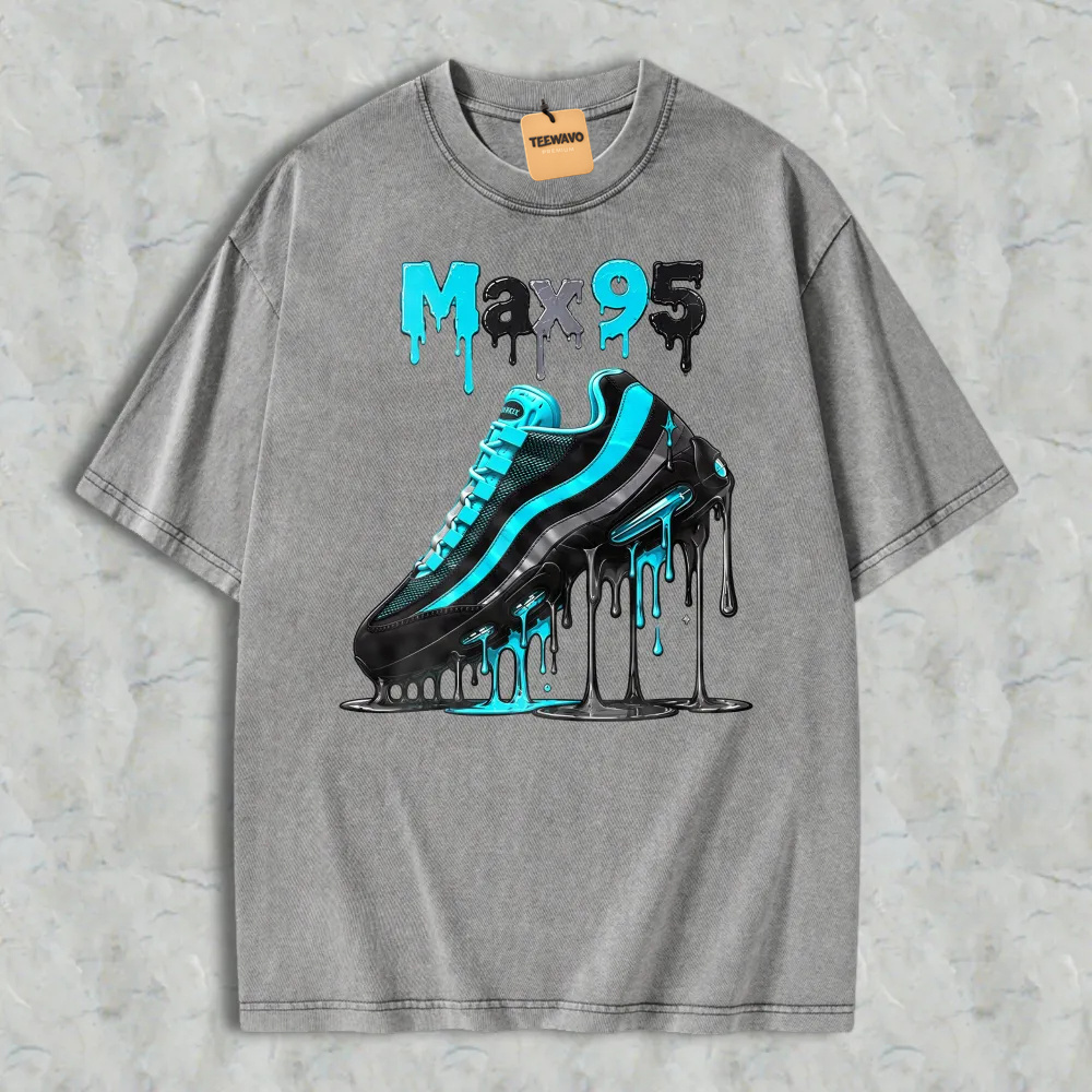 Blue And Black Sneaker With Drip Effect Graphic Washed T-shirt
