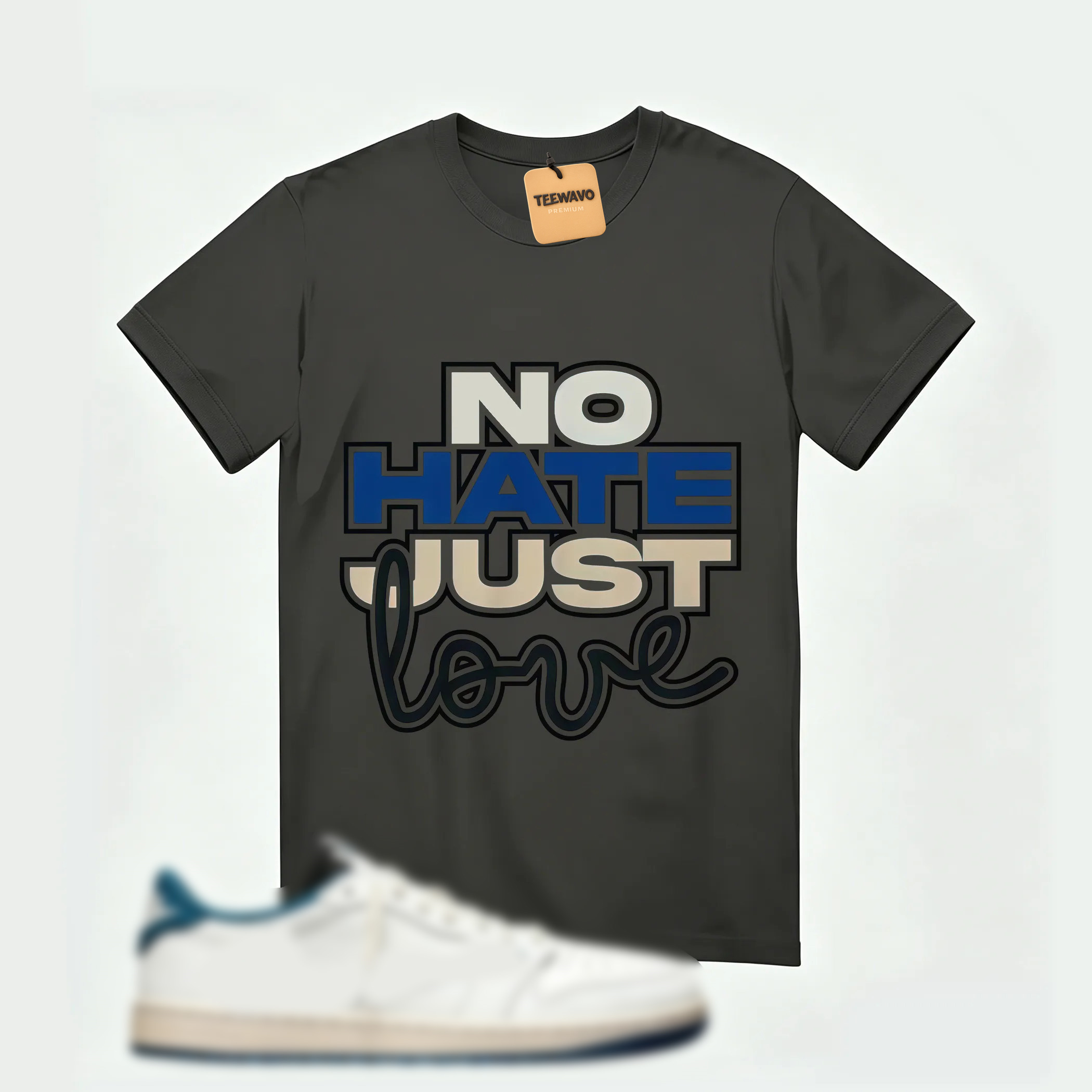 AJ 1 Low OG SP x Fragment Design x Travis Scott Sail Military Blue , T-Shirt (No Hate Just Love)