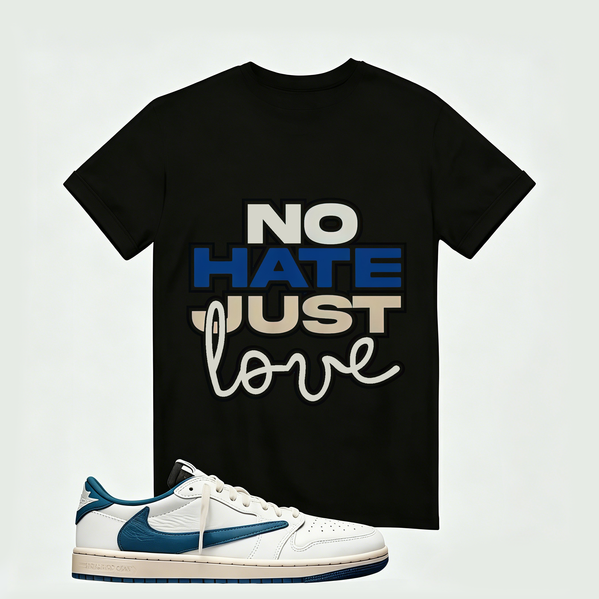 Air Jordan 1 Low OG SP x Fragment Design x Travis Scott Sail Military Blue , T-Shirt (No Hate Just Love)