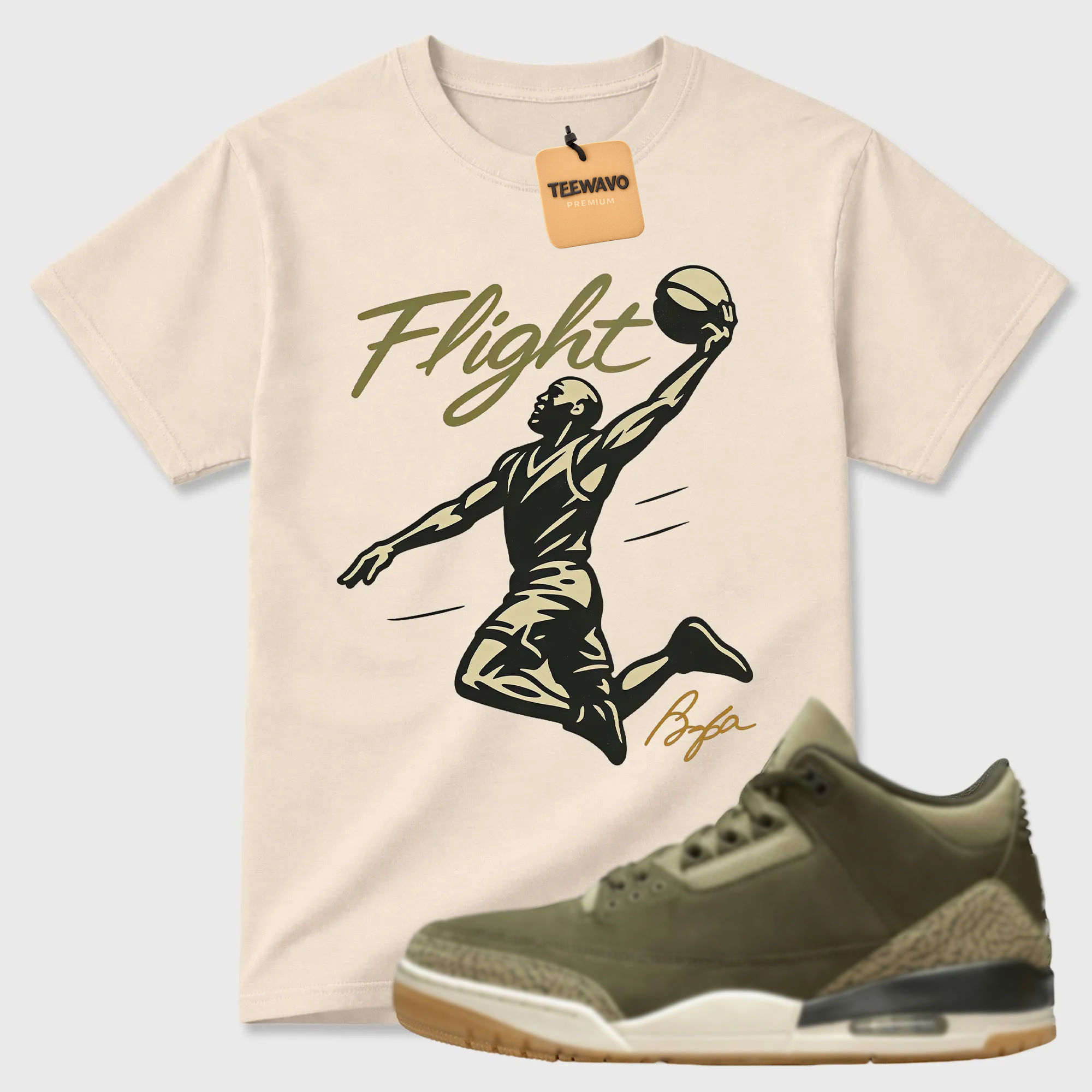 FLIGHT Shirt to Match Joardan 3 Family Affair Medium Olive, Jordan 3 Family Affair Olive Sneaker Mact