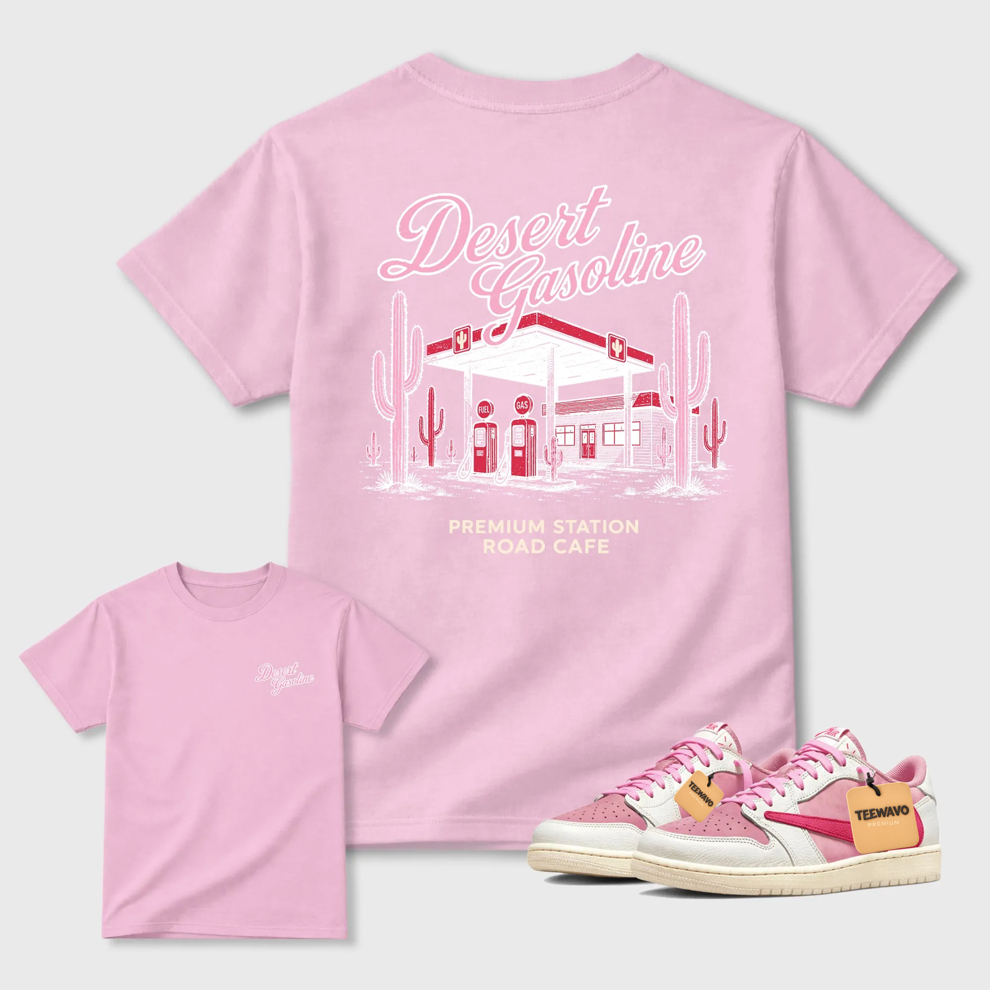 Desert Gasoline  Sneaker Tees - Air Joardan 1 Travis Scott Tropical Pink
