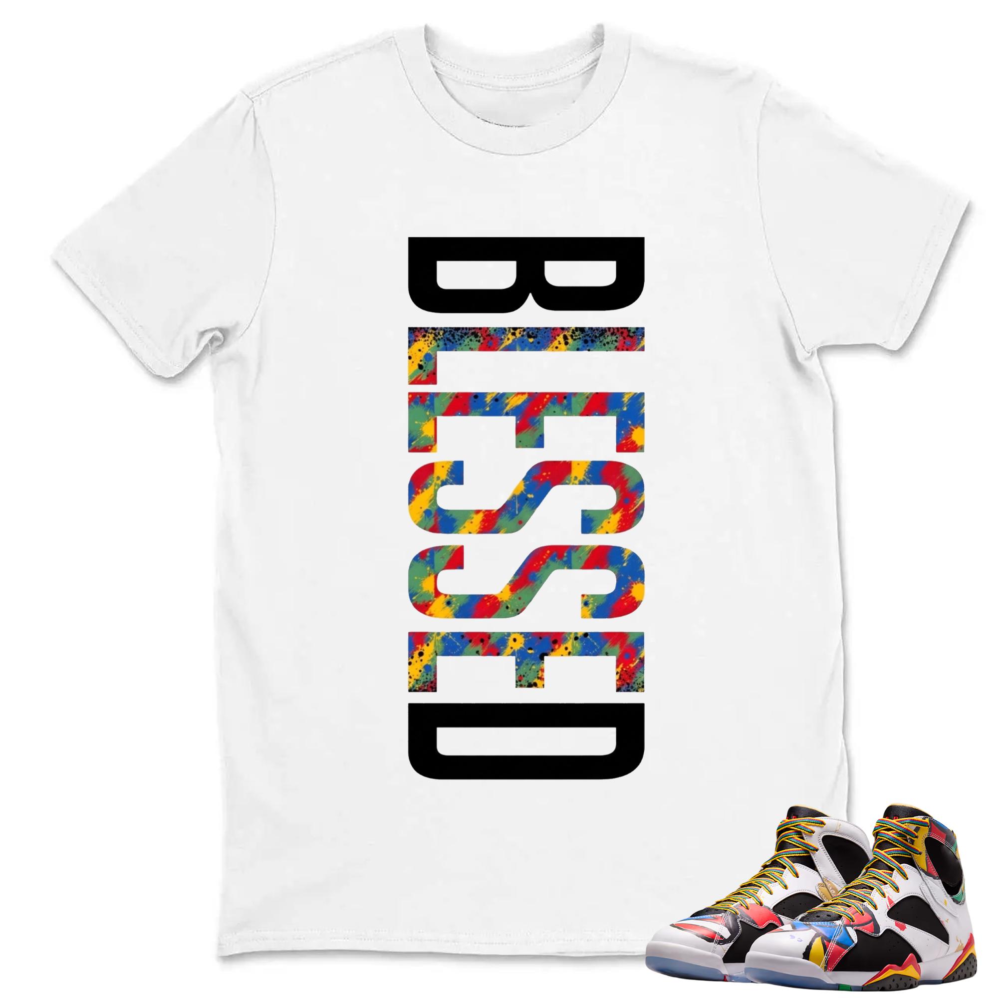 BLESSED Shirt to Match Retro 7 Miro, RETRO 7 Miro White Multi-Color Varsity Royal Sneaker Match Tee