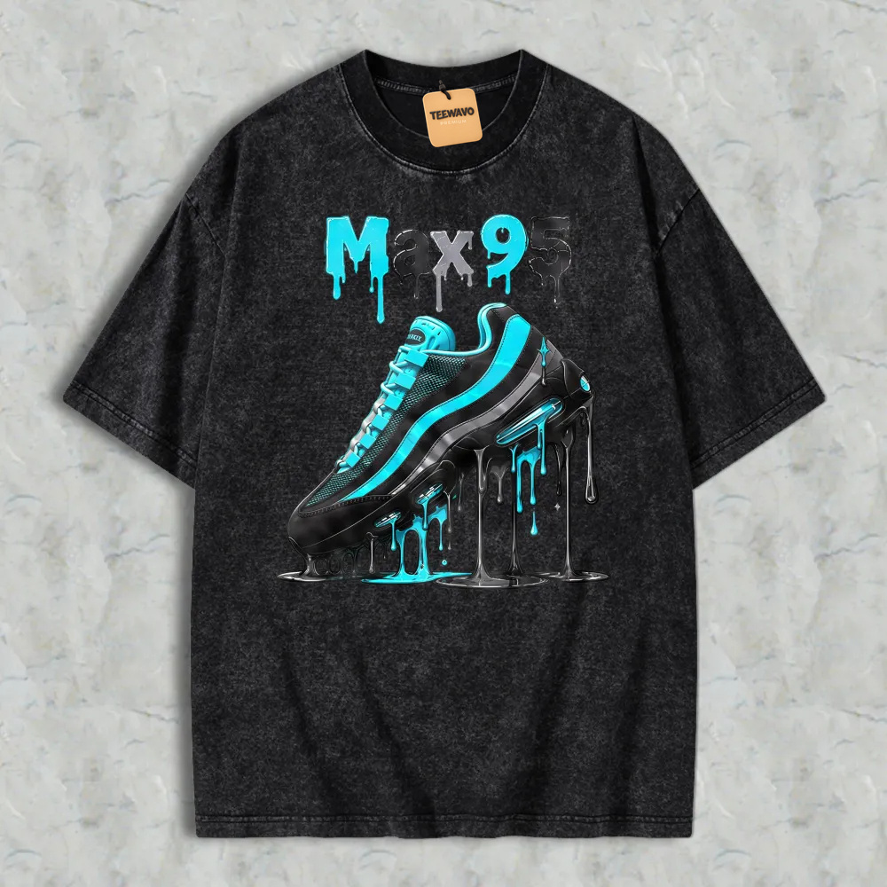 Blue And Black Sneaker With Drip Effect Graphic Washed T-shirt