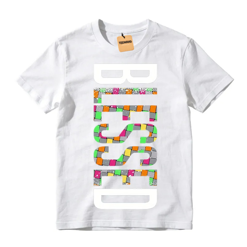 Vertical White Outline Colorful Check Mosaic Letter Print Crew Neck Tee