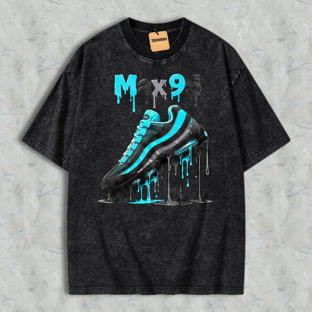 Blue And Black Sneaker With Drip Effect Graphic Washed T-shirt