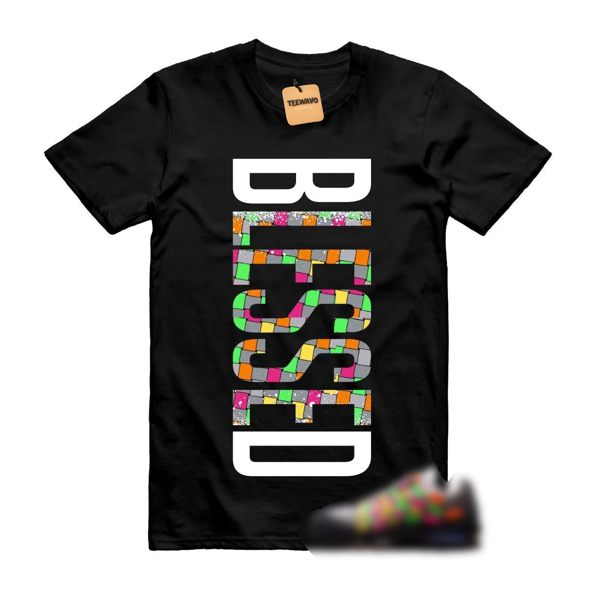 Vertical White Outline Colorful Check Mosaic Letter Print Crew Neck Tee