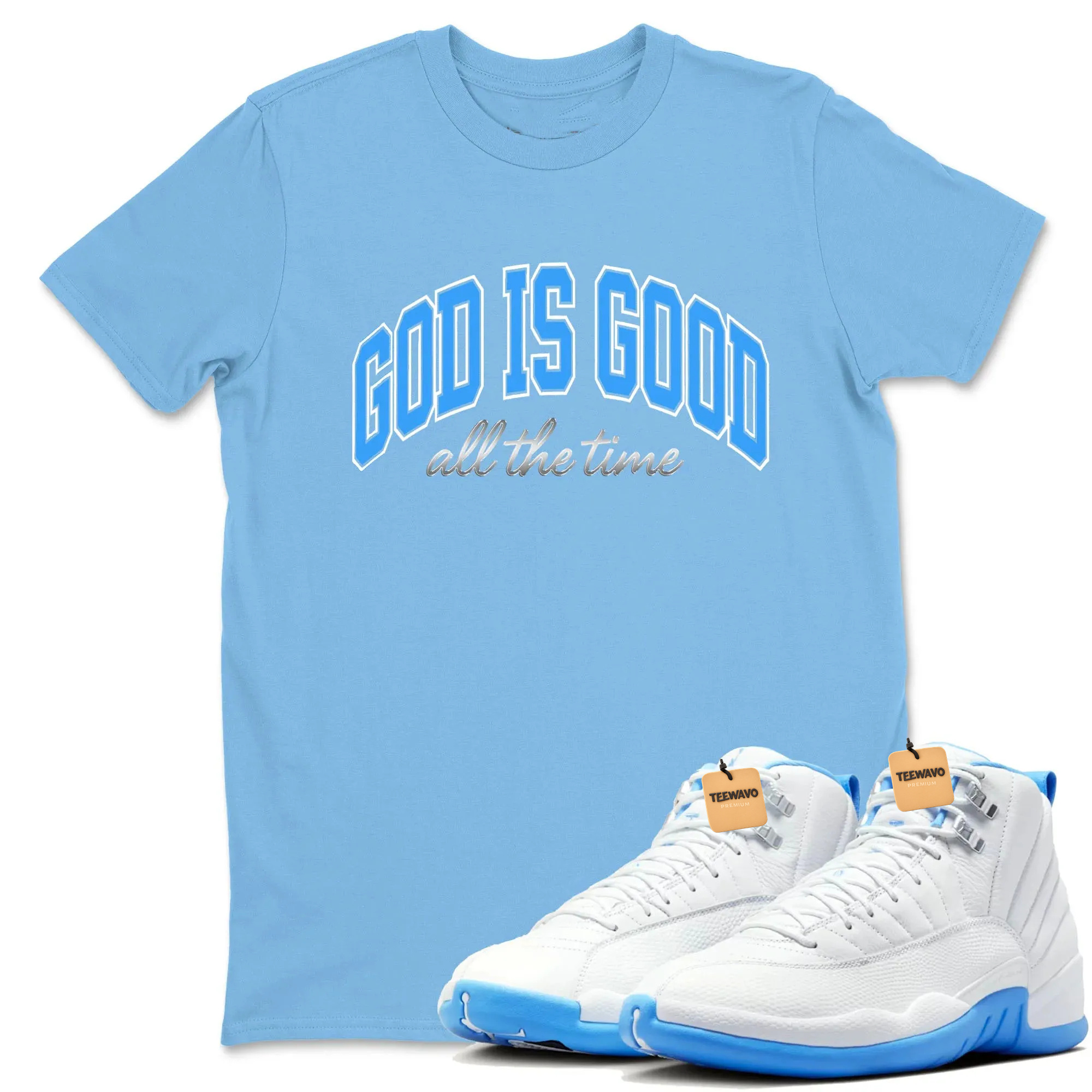 God Is Good TEEWAVO Sneaker Tees - Air Joardan 12 White and University Blue