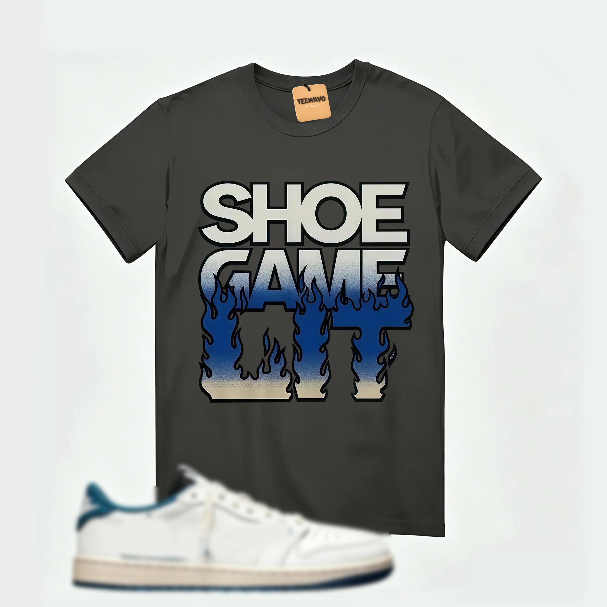 AJ 1 Low OG SP x Fragment Design x Travis Scott Sail Military Blue , T-Shirt (Shoe Game Lit Refreshed)