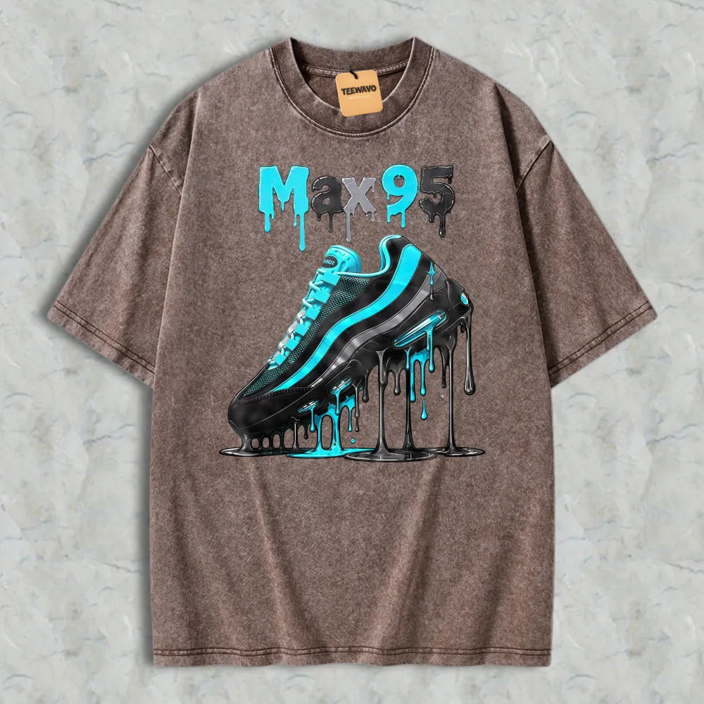 Blue And Black Sneaker With Drip Effect Graphic Washed T-shirt