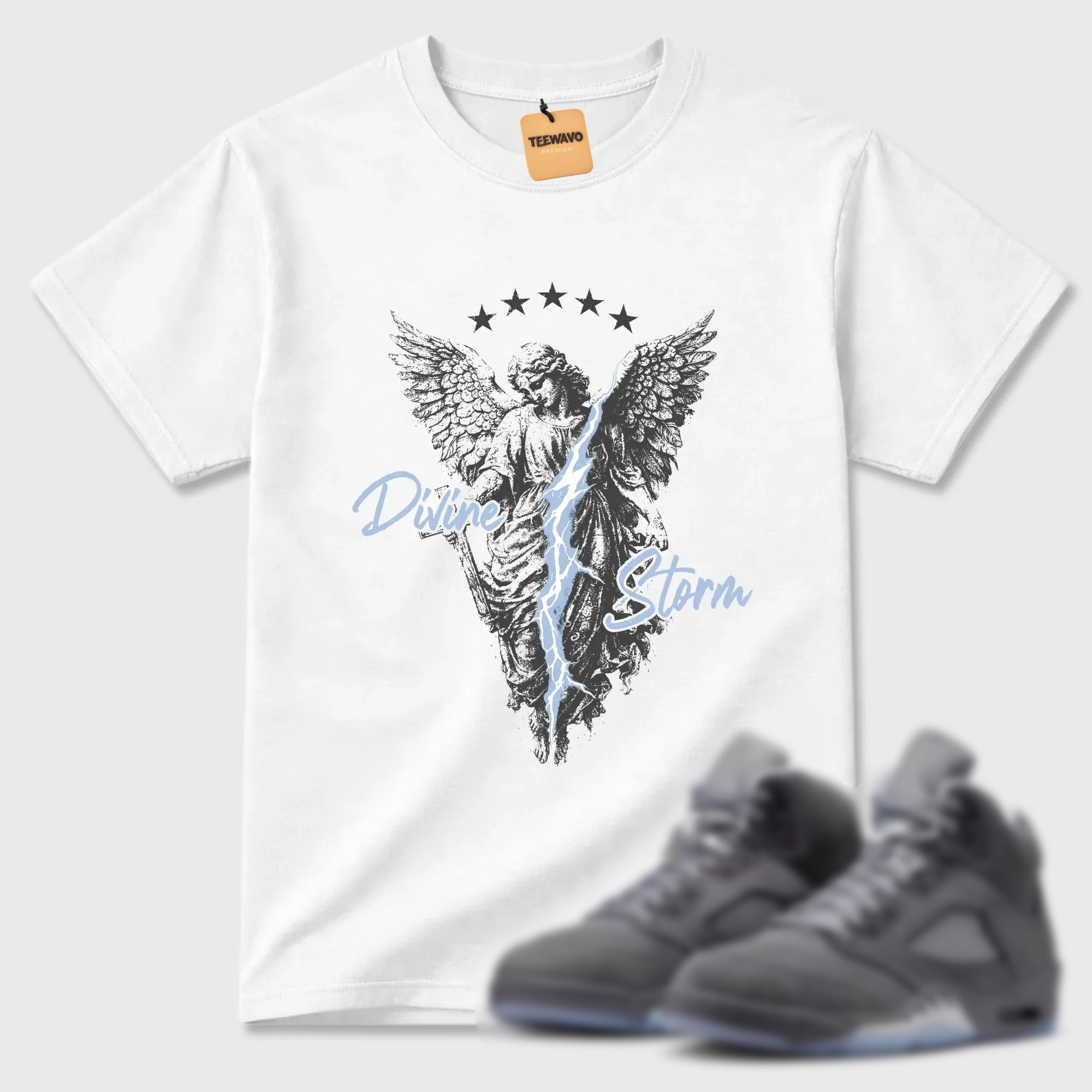 Divine Storm TEEWAVO Sneaker Tees - AJ 5 Wolf Grey