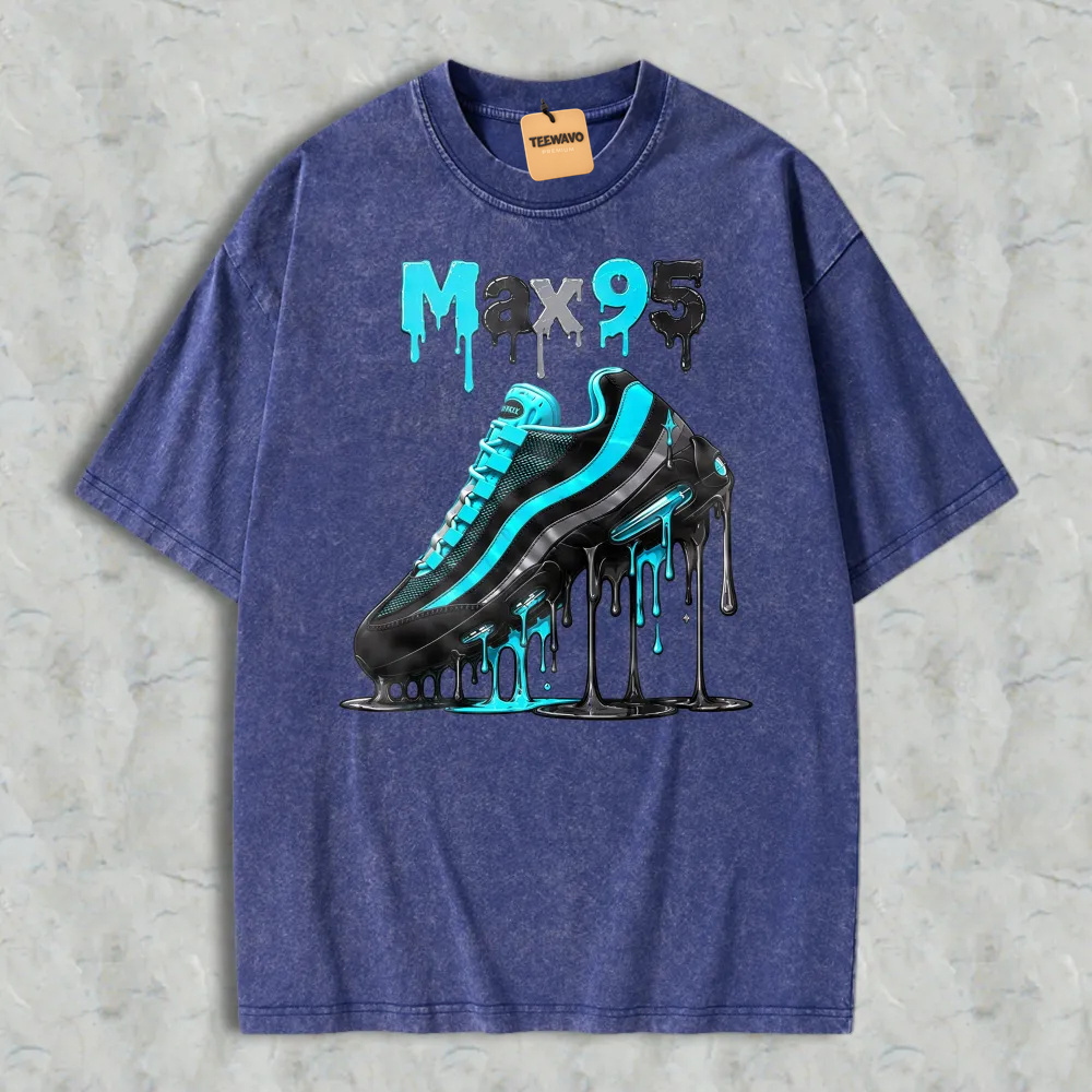 Blue And Black Sneaker With Drip Effect Graphic Washed T-shirt