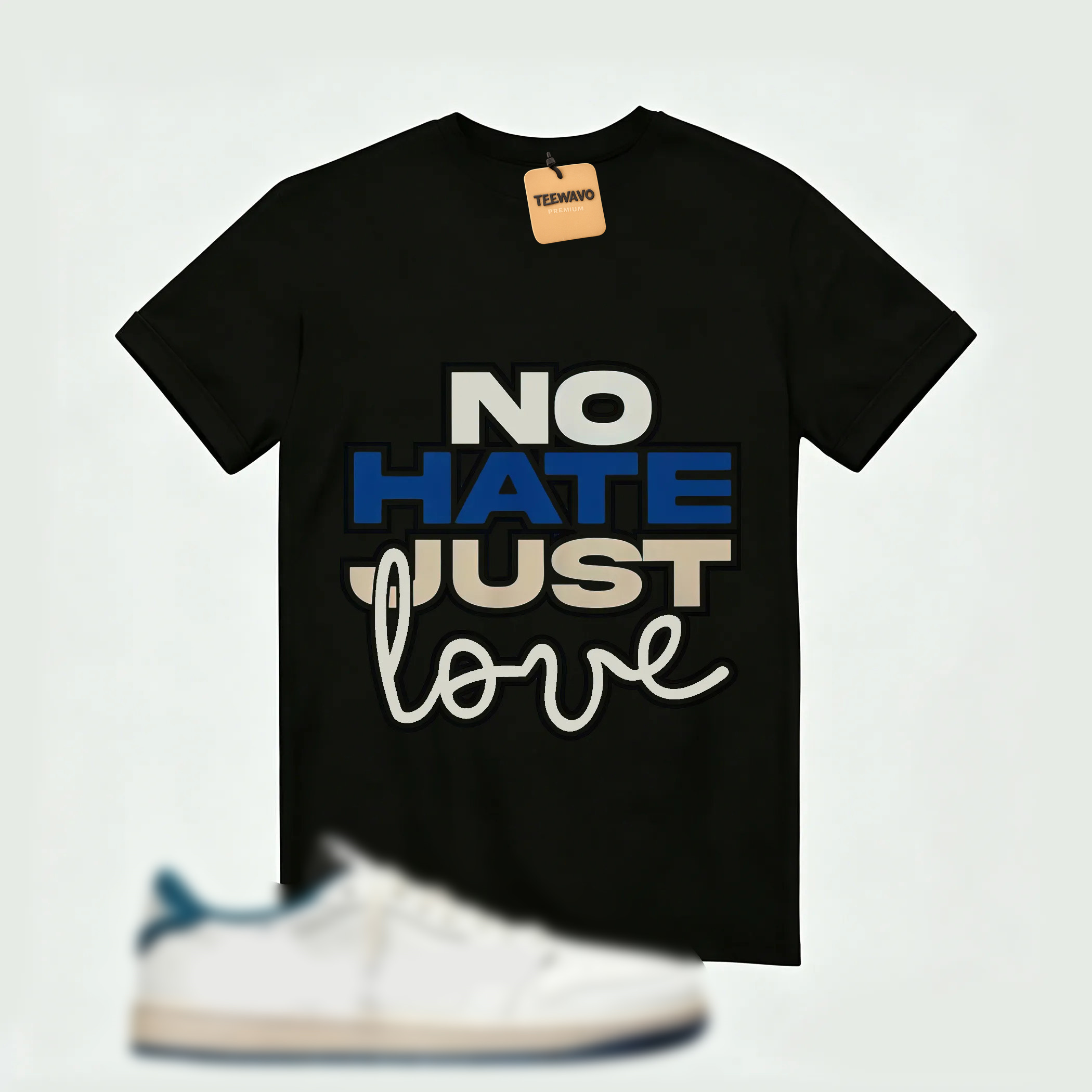 AJ 1 Low OG SP x Fragment Design x Travis Scott Sail Military Blue , T-Shirt (No Hate Just Love)
