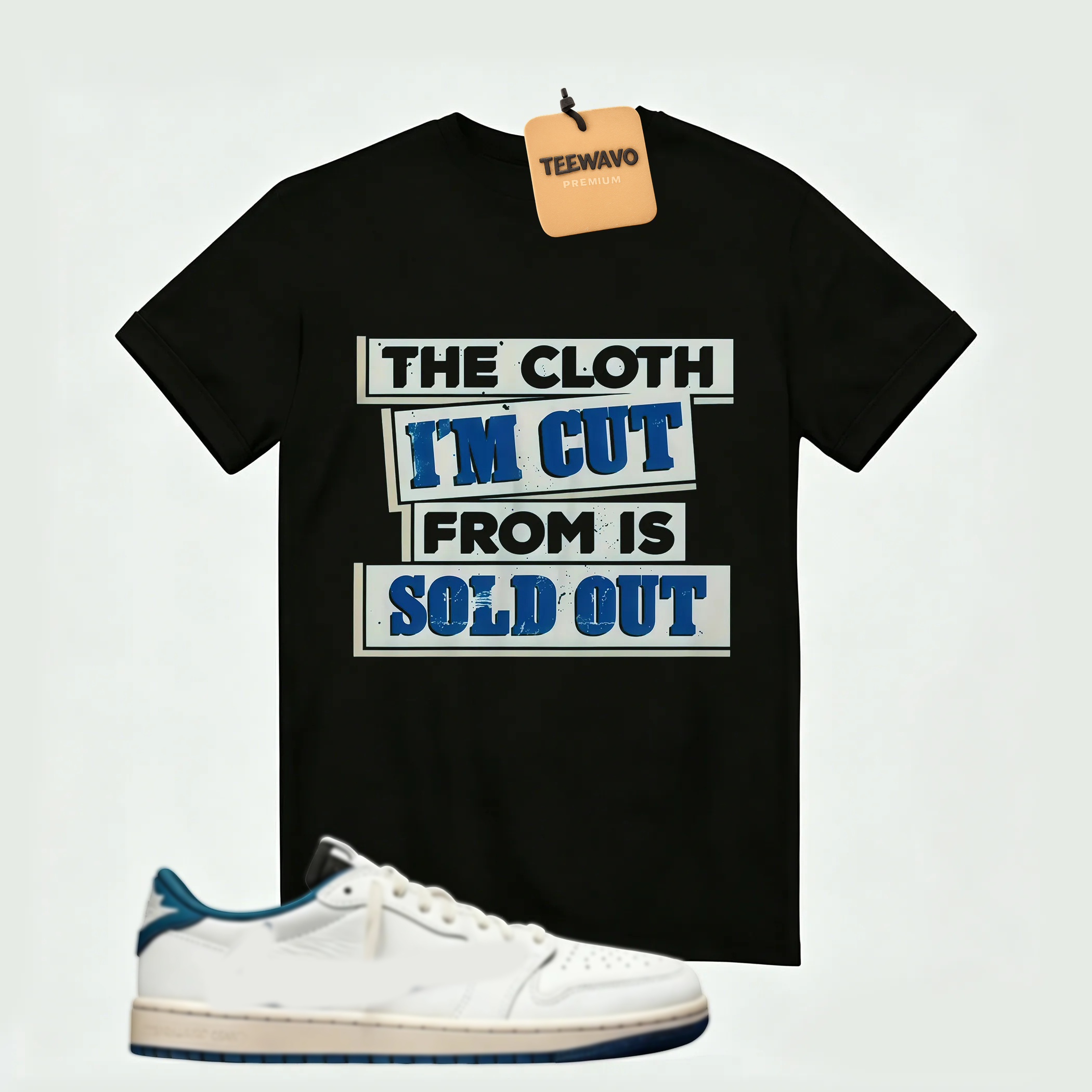 AJD 1 Low OG SP x Fragment Design x Travis Scott Sail Military Blue , T-Shirt (The Cloth I'm Cut From Refreshed)