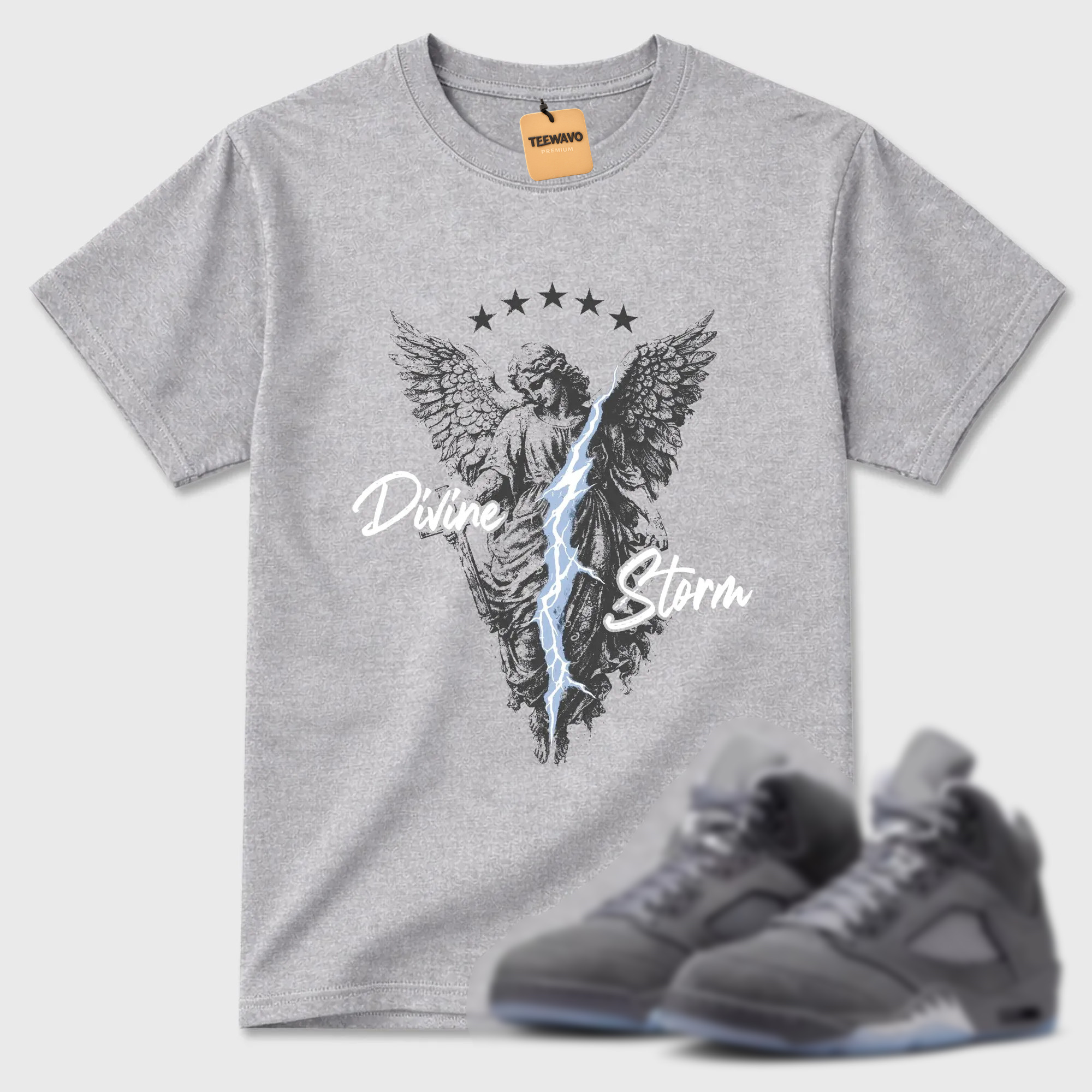 Divine Storm TEEWAVO Sneaker Tees - AJ 5 Wolf Grey