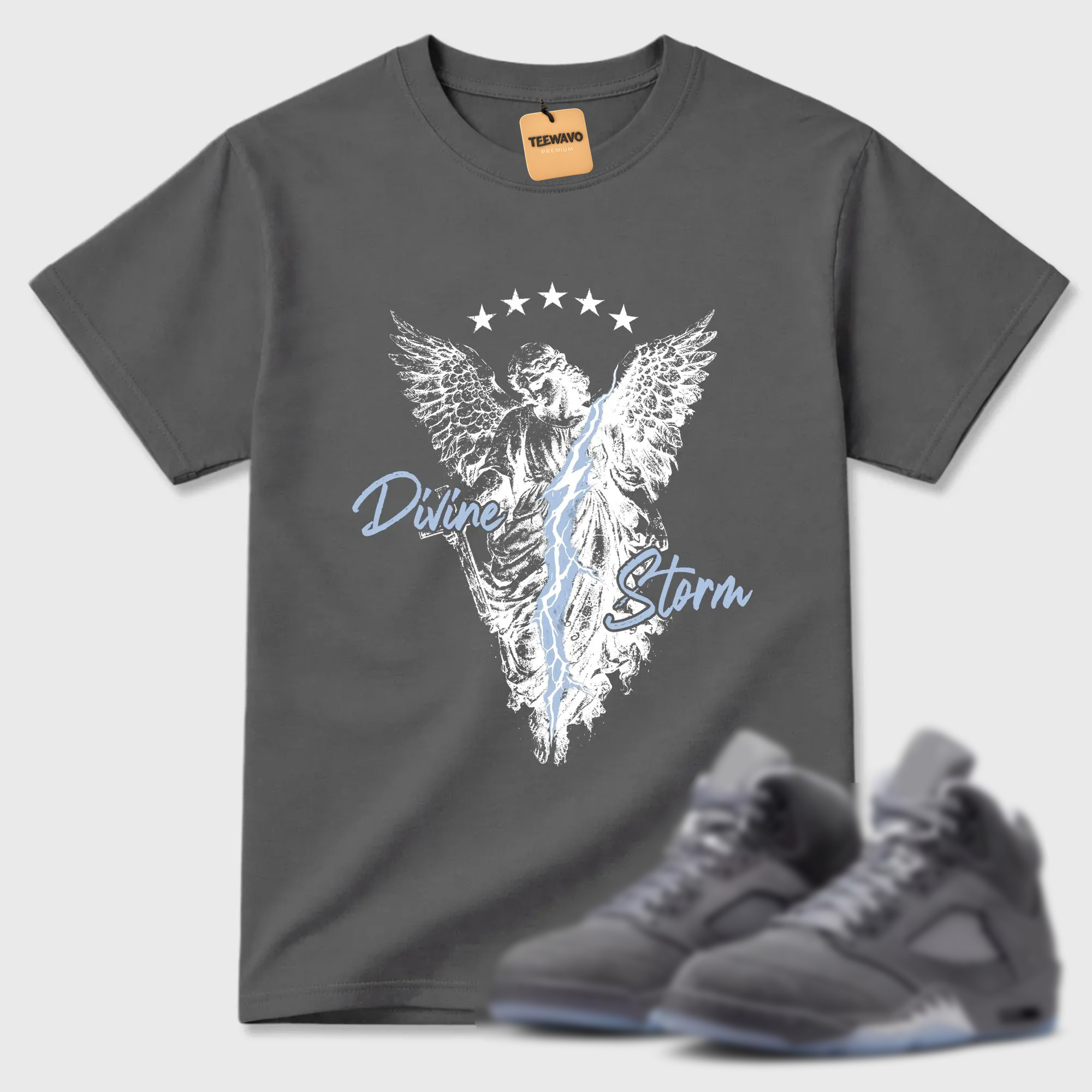 Divine Storm TEEWAVO Sneaker Tees - AJ 5 Wolf Grey