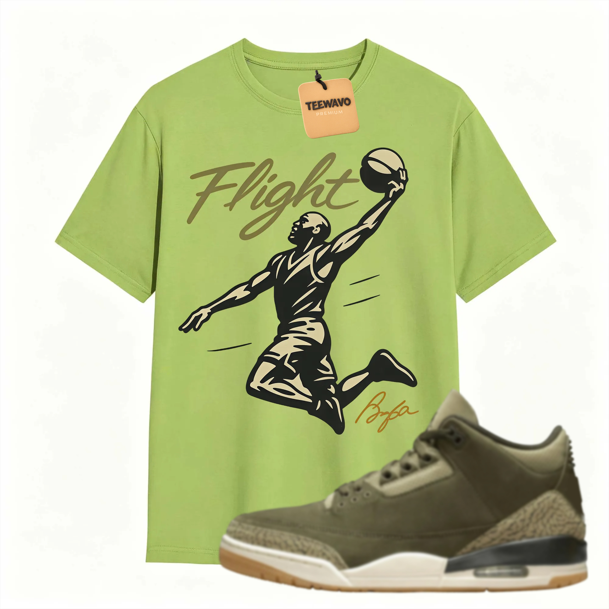 FLIGHT Shirt to Match Joardan 3 Family Affair Medium Olive, Jordan 3 Family Affair Olive Sneaker Mact