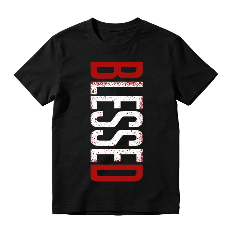 Vertical Red White Speckle Splatter Letter Print Crew Neck Tee
