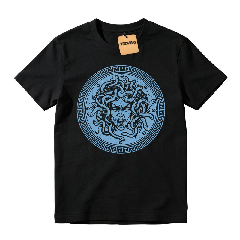 Circle Medusa Graphic Casual Short Sleeve Tee, Ancient Myth Pattern Street Fashion Printed T-Shirt