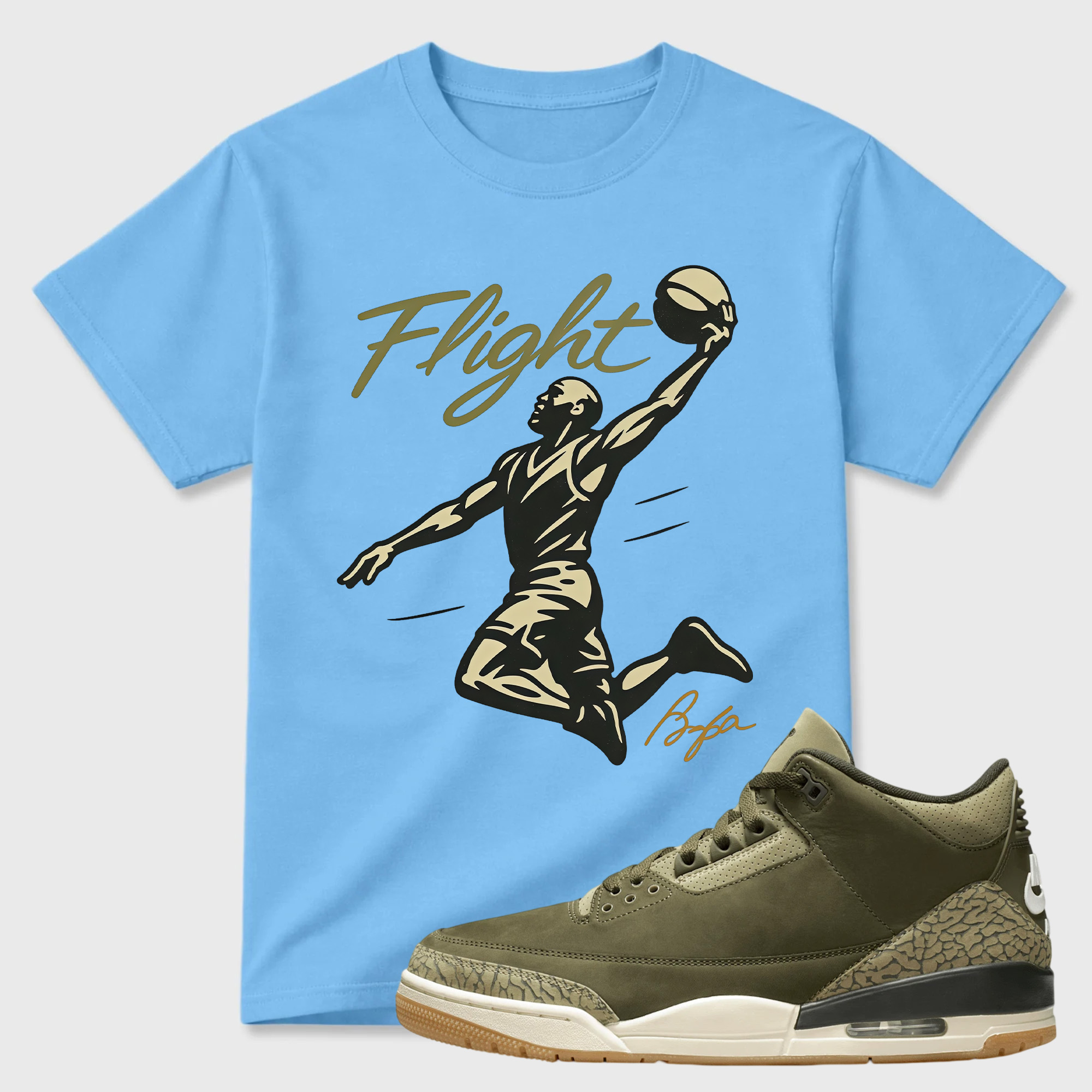 FLIGHT Shirt to Match Jordan 3 Family Affair Medium Olive, Jordan 3 Family Affair Olive Sneaker Mact