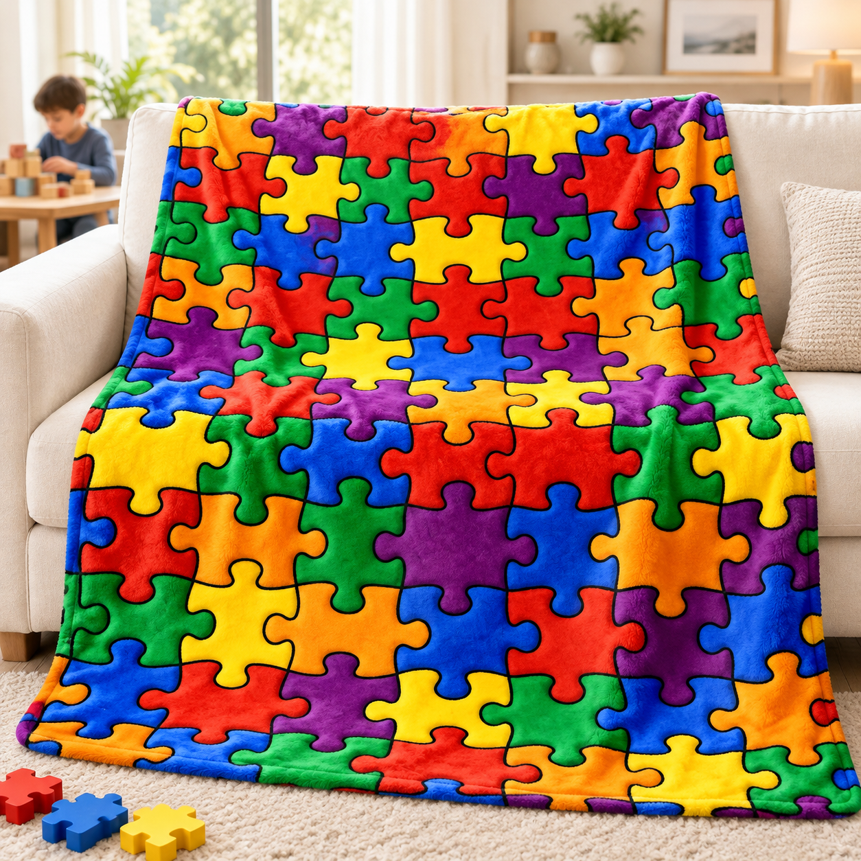 Rainbow Puzzle Pieces All Over Print Flannel Throw Blanket