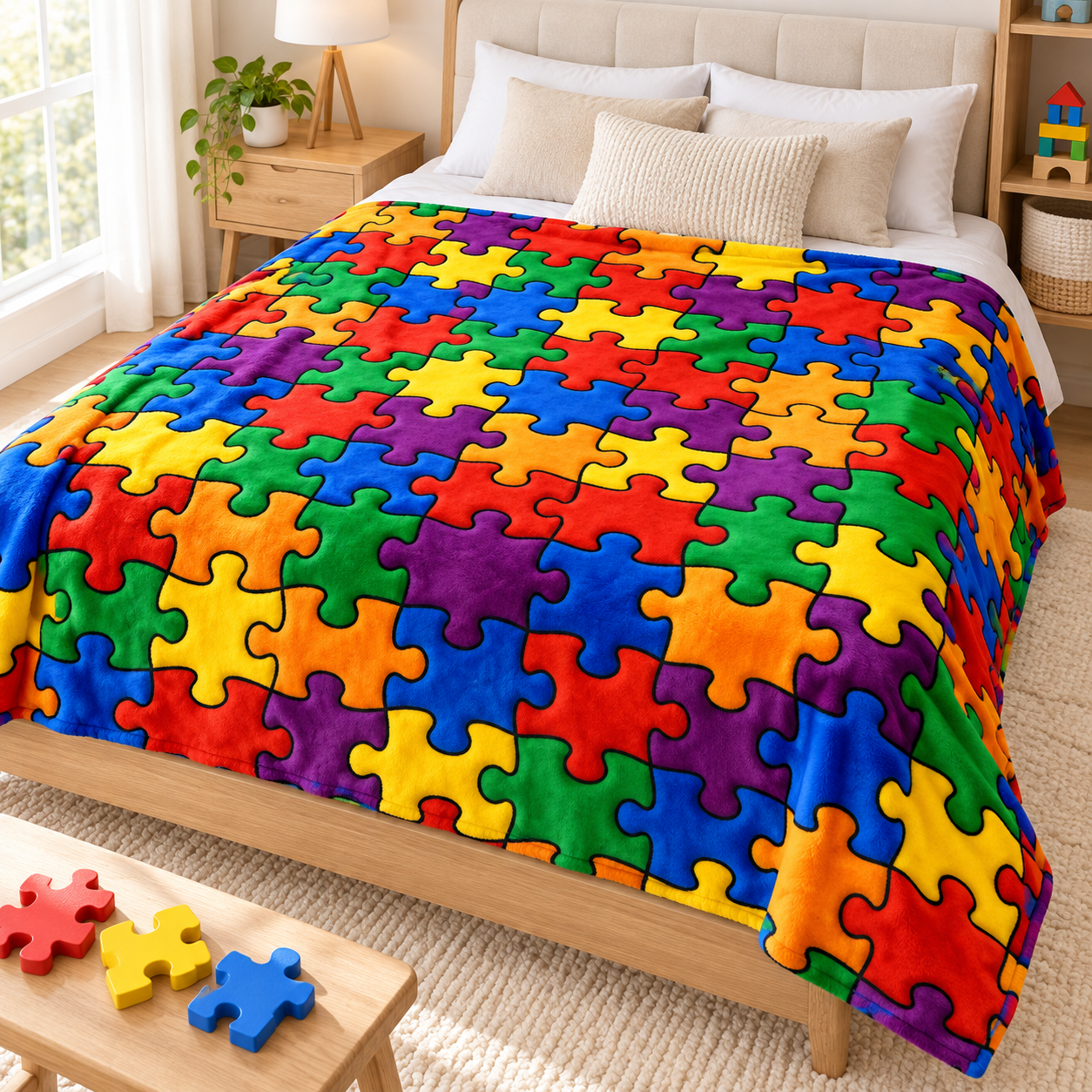 Rainbow Puzzle Pieces All Over Print Flannel Throw Blanket