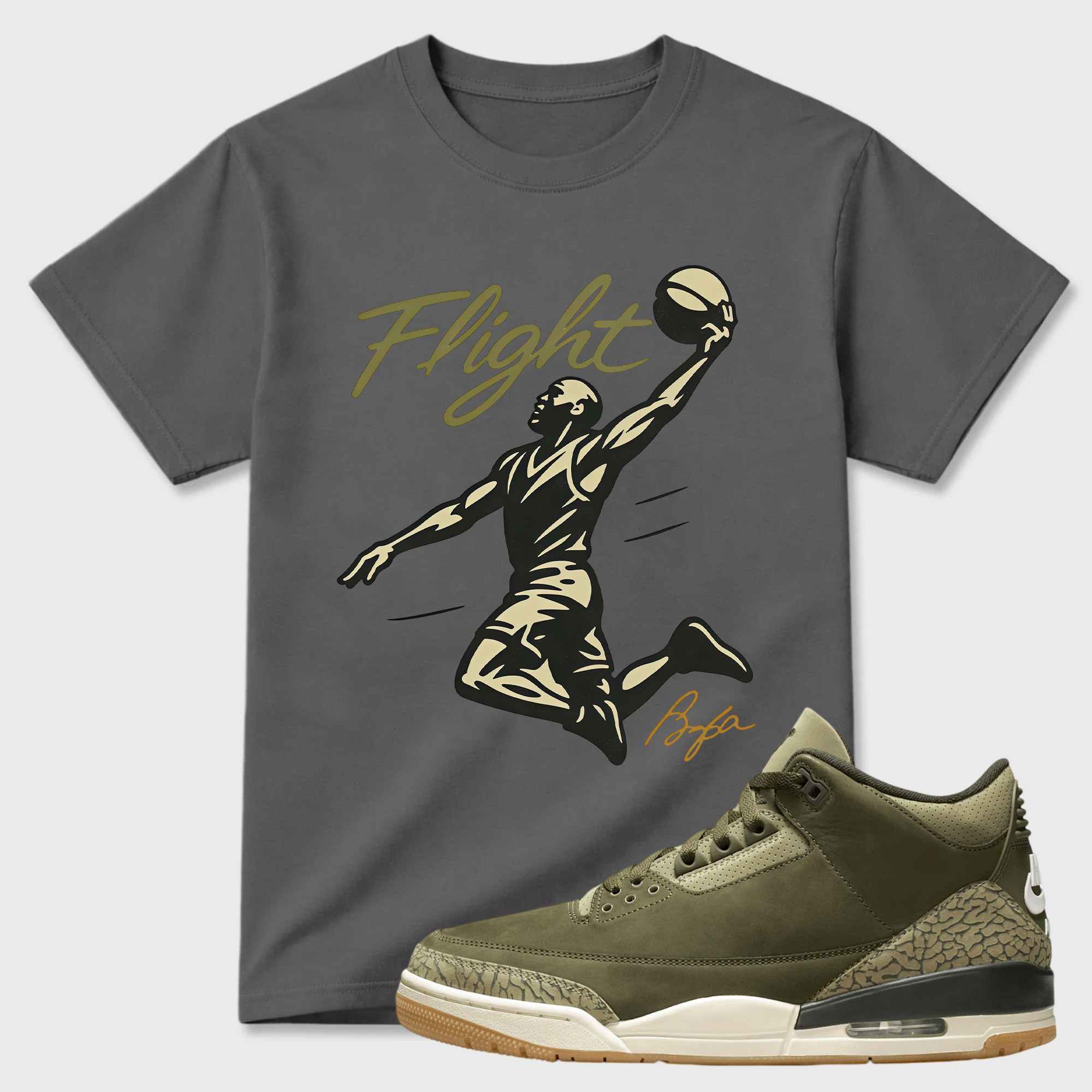 FLIGHT Shirt to Match Jordan 3 Family Affair Medium Olive, Jordan 3 Family Affair Olive Sneaker Mact