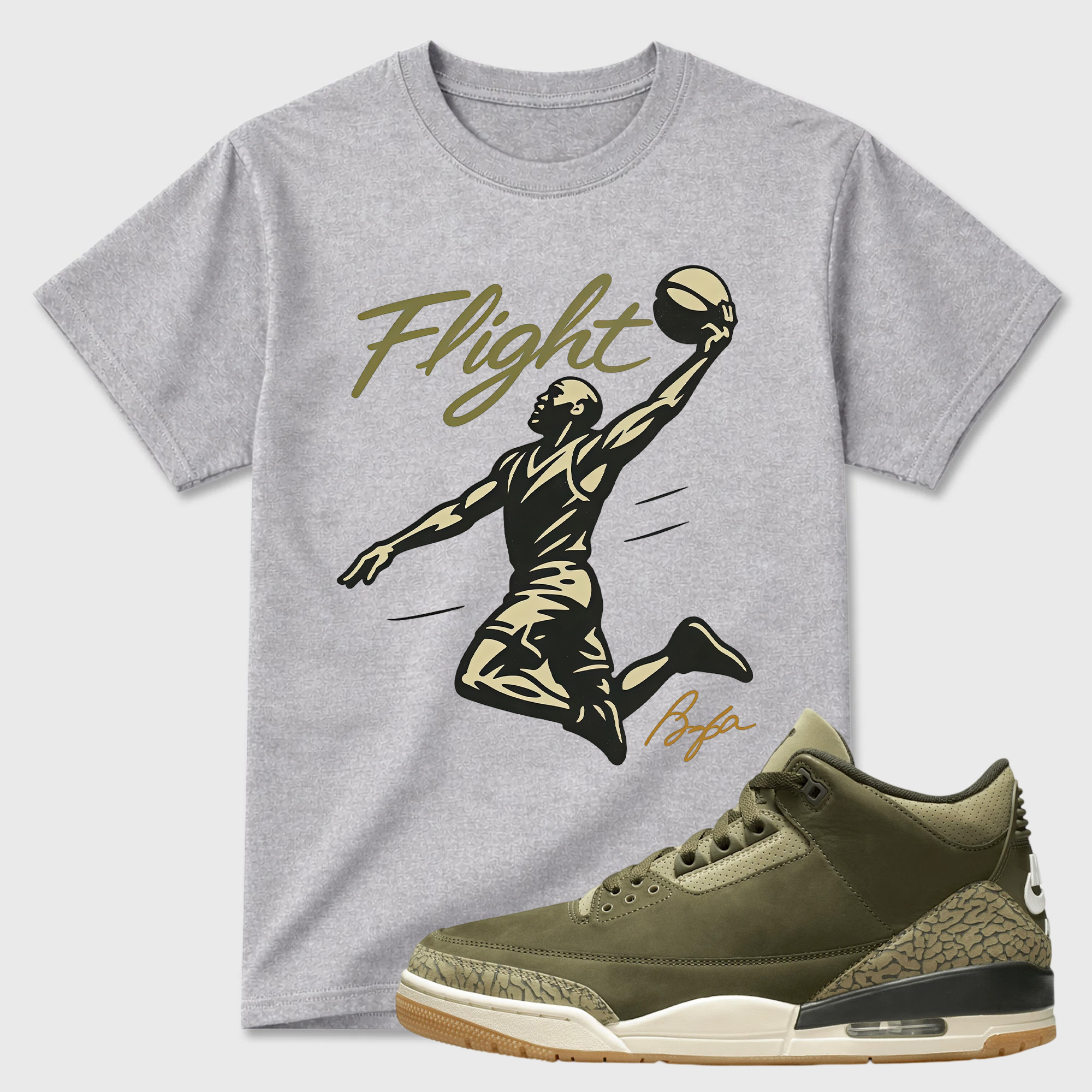 FLIGHT Shirt to Match Jordan 3 Family Affair Medium Olive, Jordan 3 Family Affair Olive Sneaker Mact