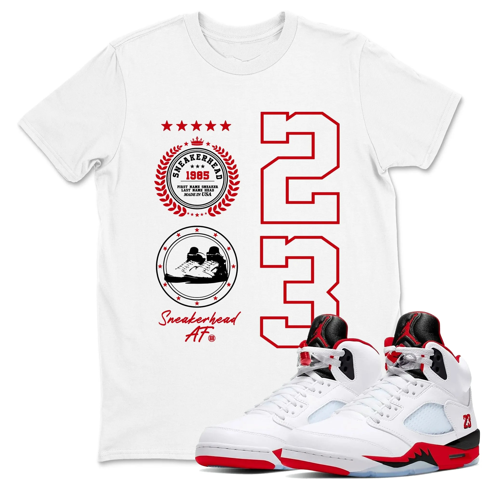 Sneaker Emblem Sneaker Tees - Air Jordan 5 Fire Red