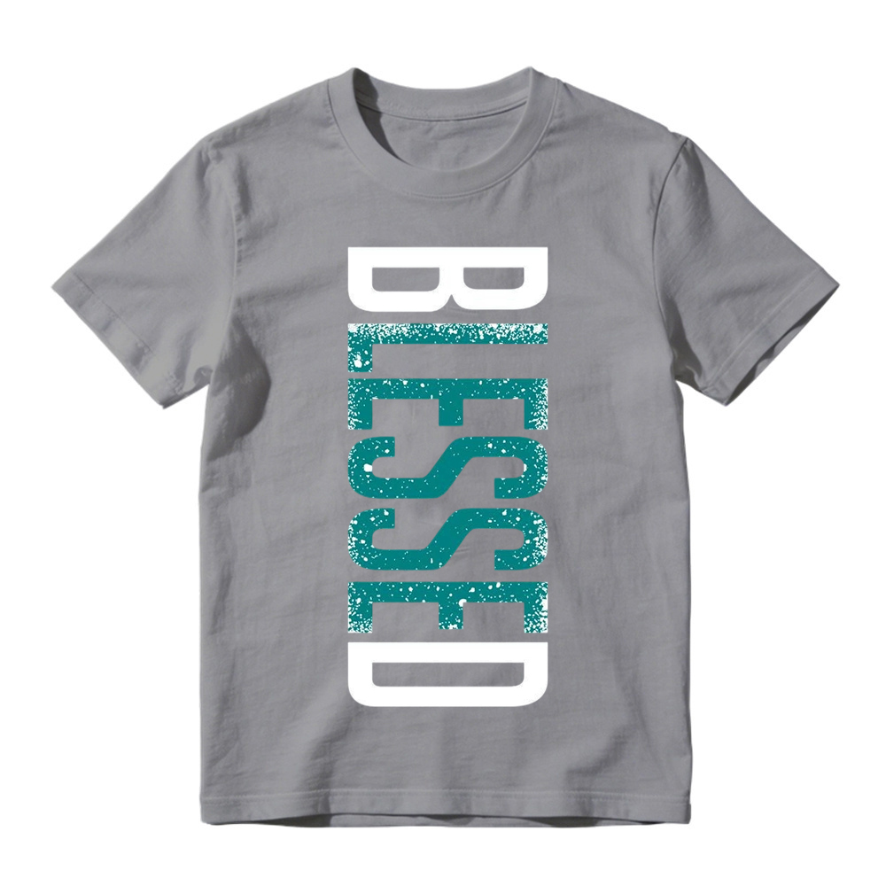 Vertical White Outline Teal Speckle Splatter Letter Print Crew Neck Tee