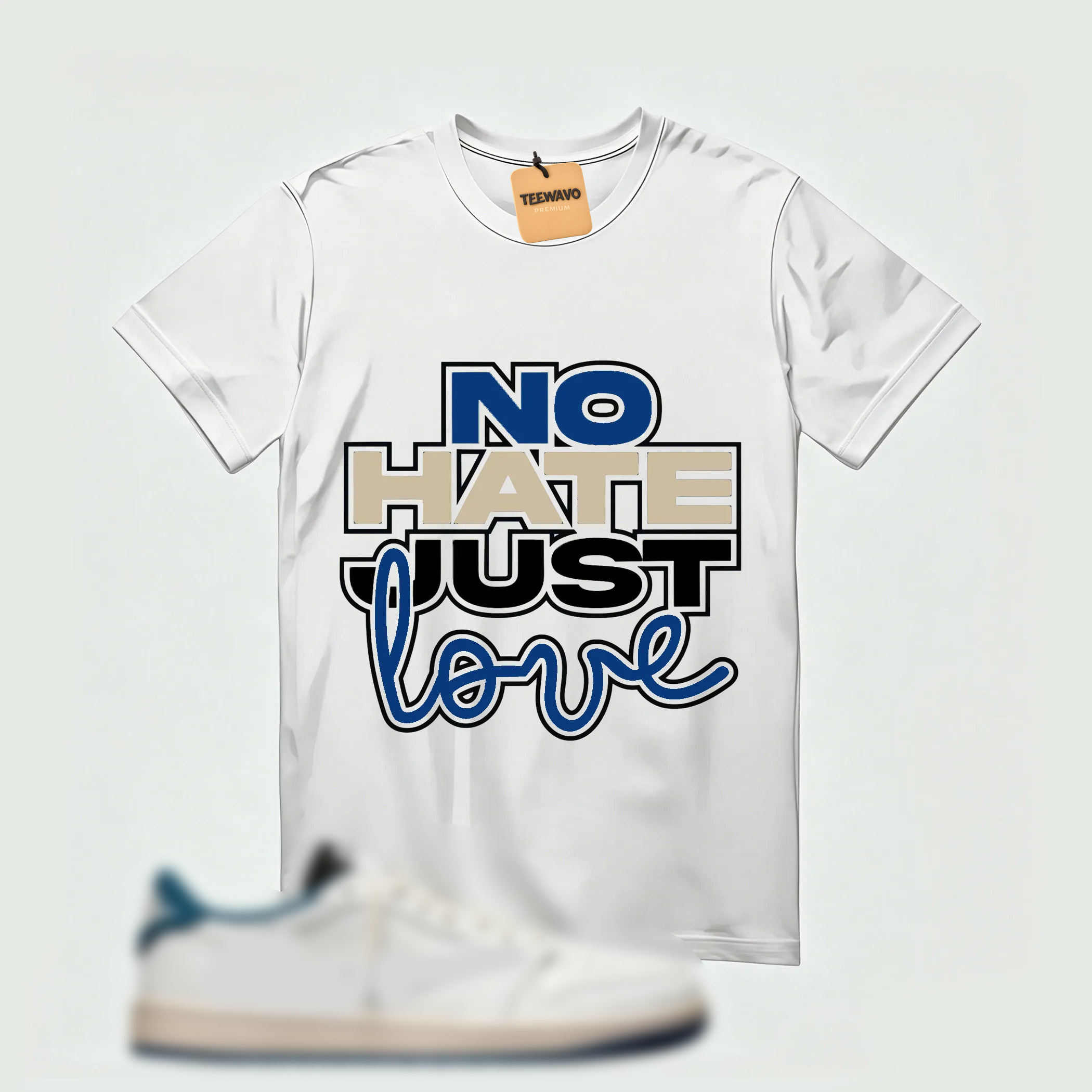 AJ 1 Low OG SP x Fragment Design x Travis Scott Sail Military Blue , T-Shirt (No Hate Just Love)