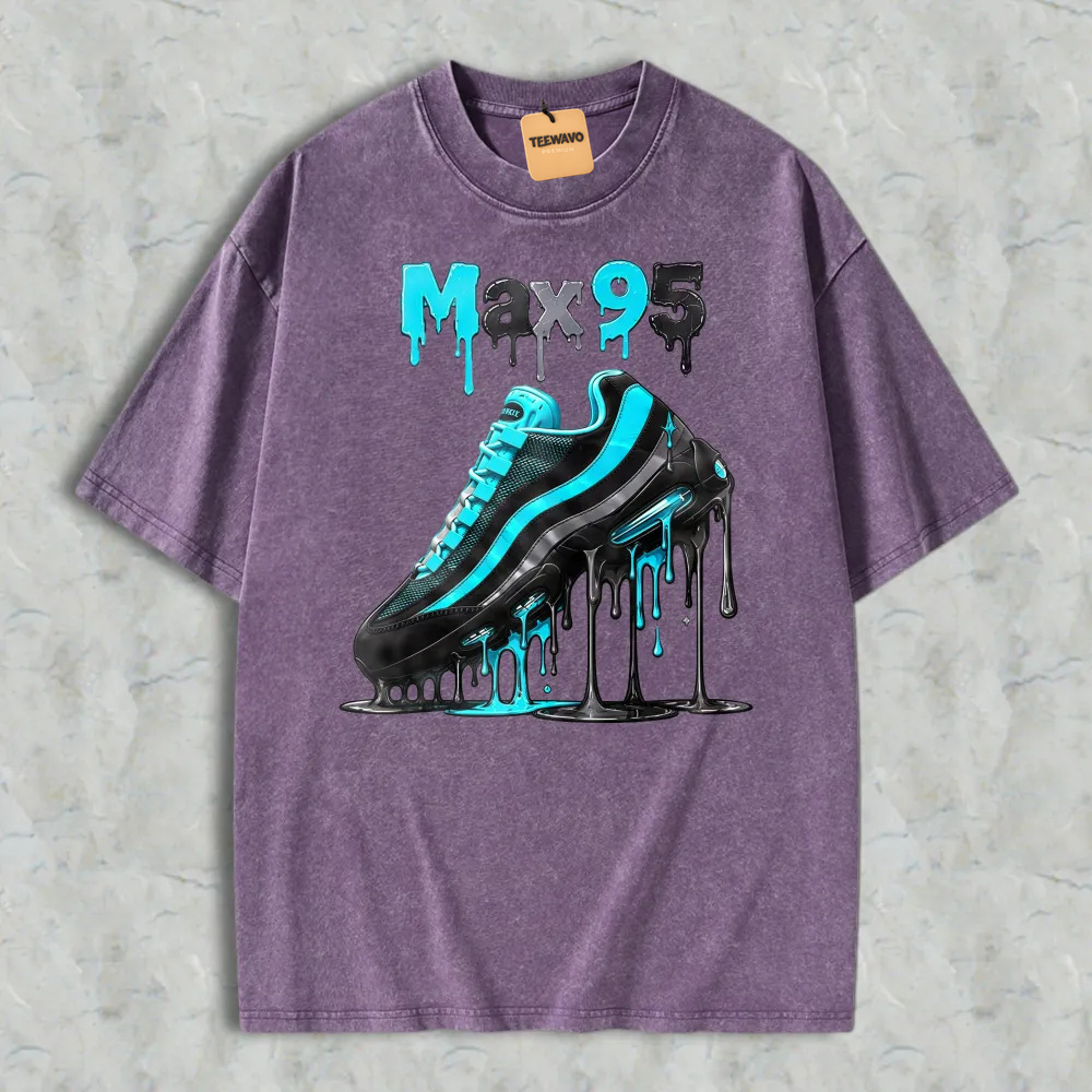 Blue And Black Sneaker With Drip Effect Graphic Washed T-shirt