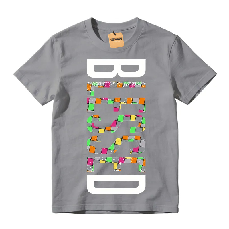 Vertical White Outline Colorful Check Mosaic Letter Print Crew Neck Tee