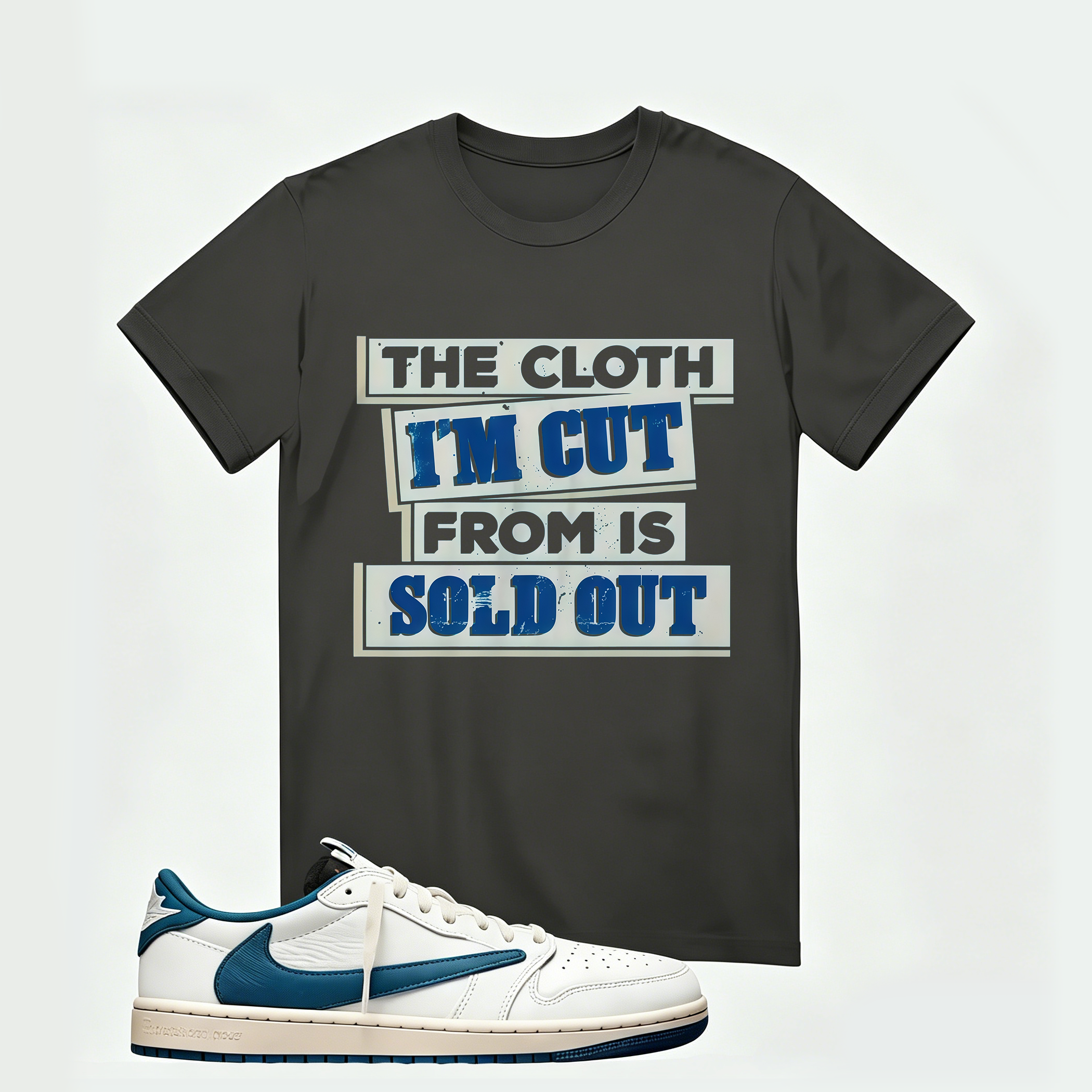 Air Jordan 1 Low OG SP x Fragment Design x Travis Scott Sail Military Blue , T-Shirt (The Cloth I'm Cut From Refreshed)
