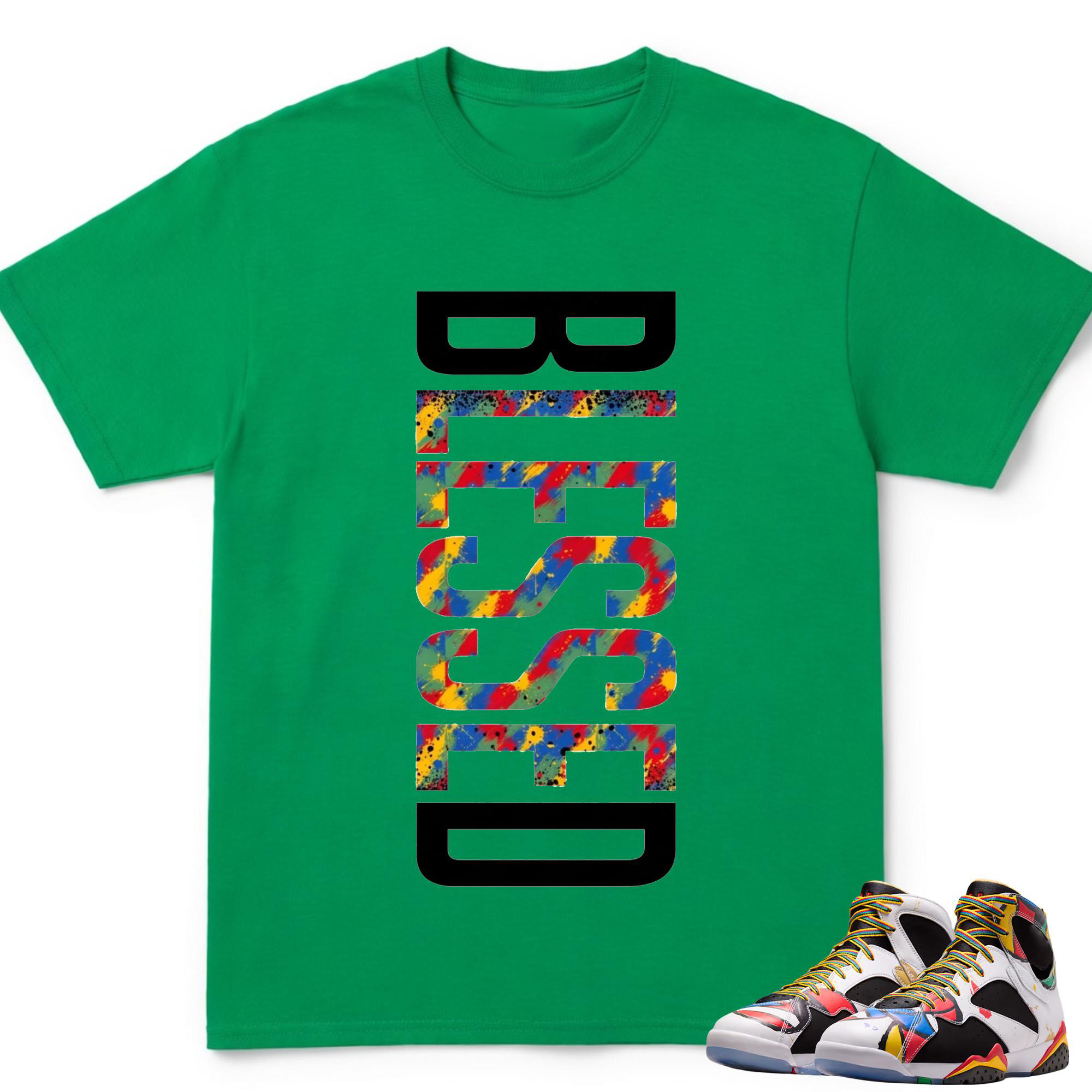 BLESSED Shirt to Match Retro 7 Miro, RETRO 7 Miro White Multi-Color Varsity Royal Sneaker Match Tee
