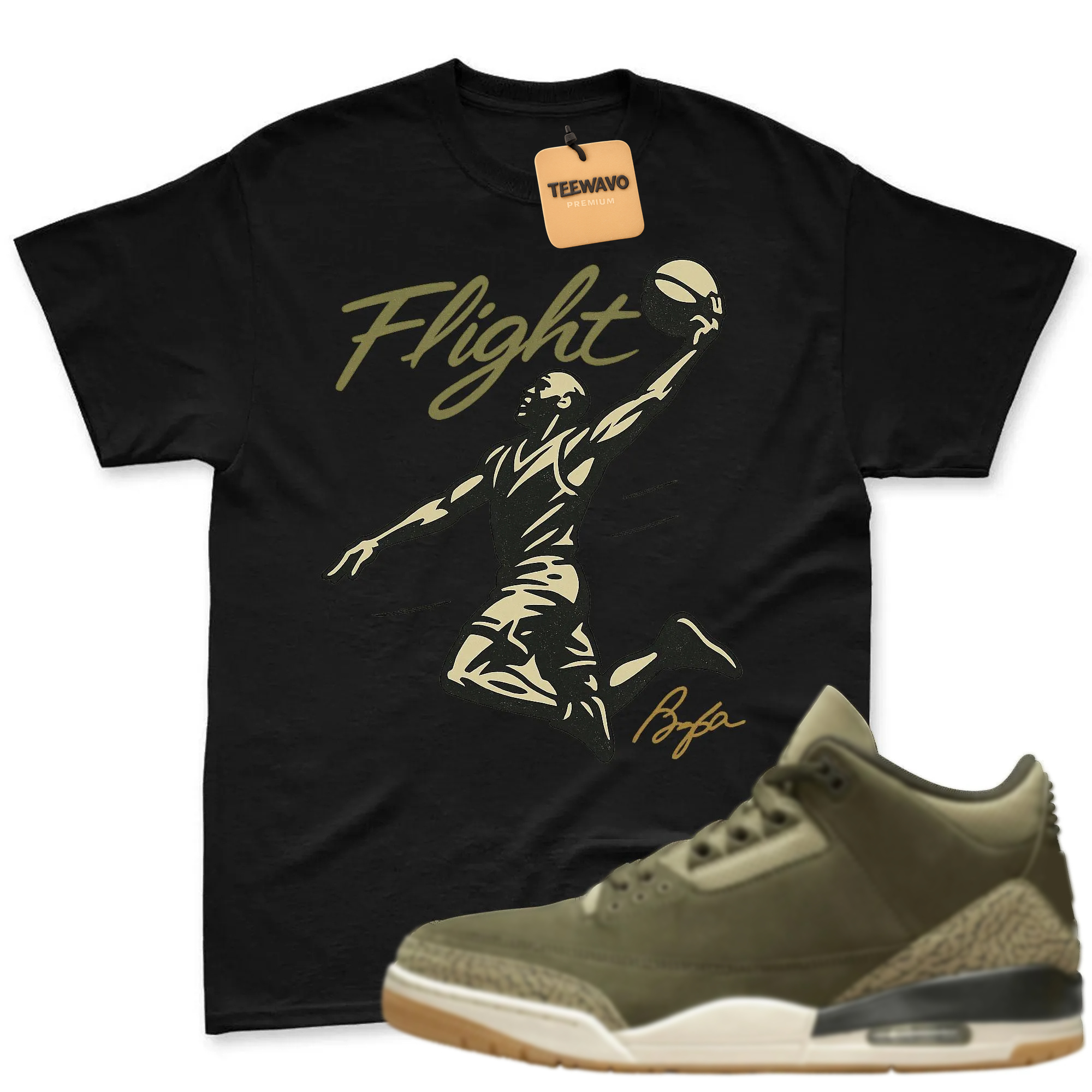 FLIGHT Shirt to Match Joardan 3 Family Affair Medium Olive, Jordan 3 Family Affair Olive Sneaker Mact