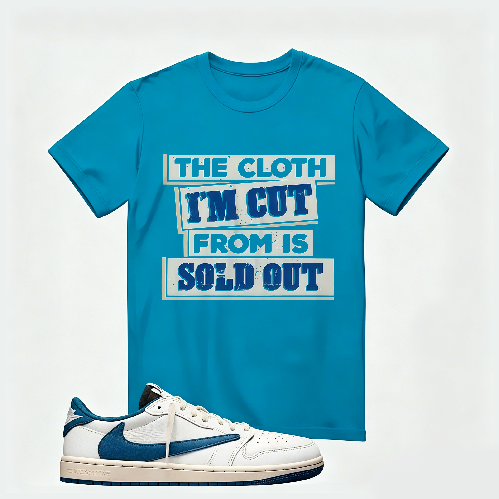 Air Jordan 1 Low OG SP x Fragment Design x Travis Scott Sail Military Blue , T-Shirt (The Cloth I'm Cut From Refreshed)