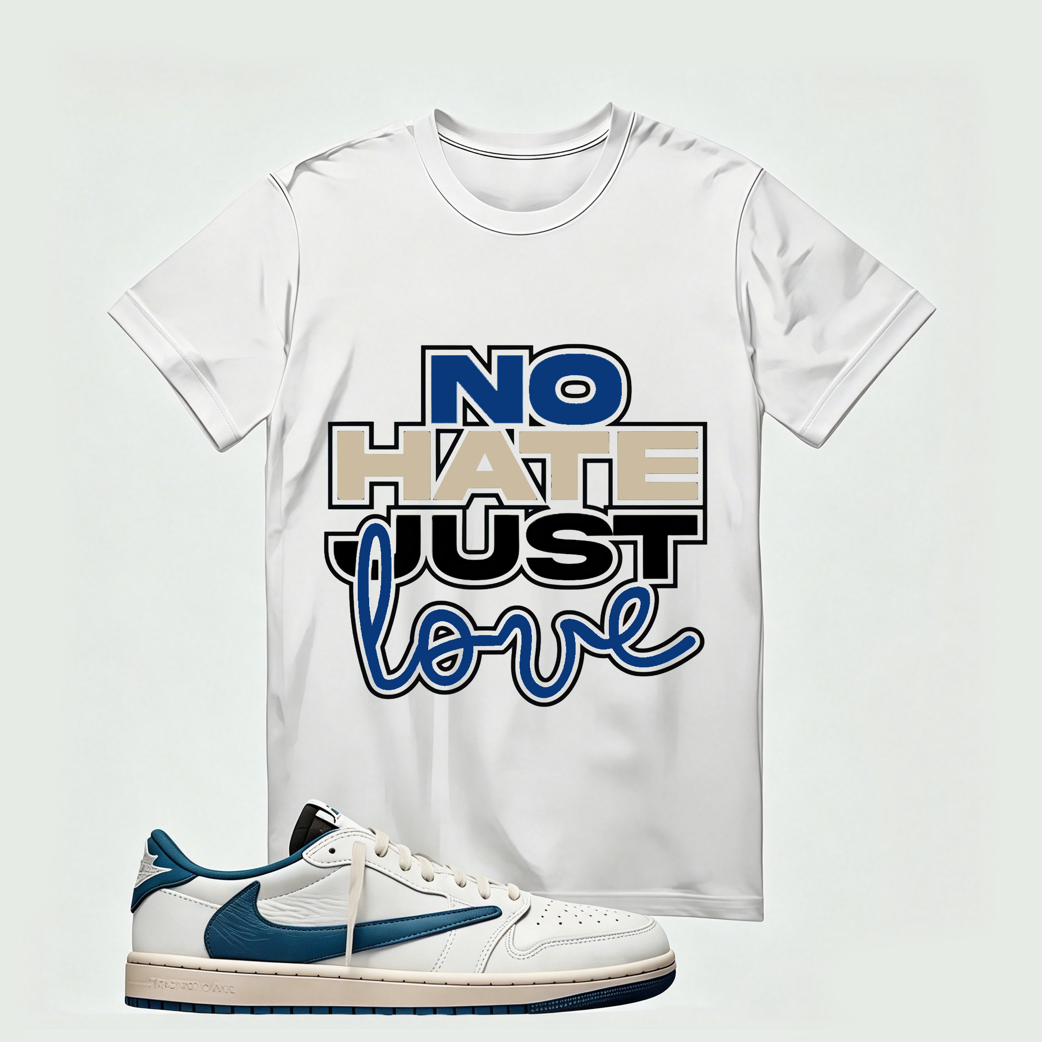 Air Jordan 1 Low OG SP x Fragment Design x Travis Scott Sail Military Blue , T-Shirt (No Hate Just Love)