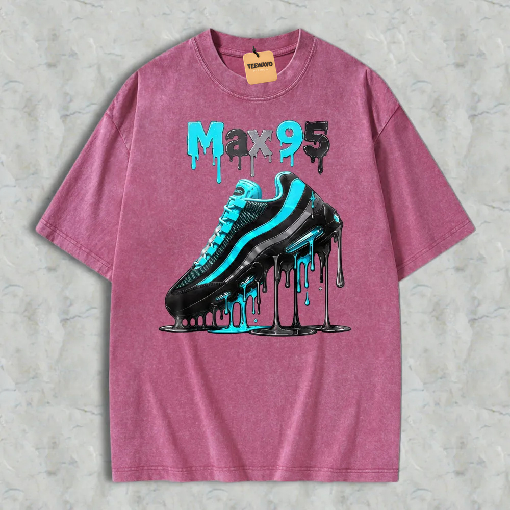Blue And Black Sneaker With Drip Effect Graphic Washed T-shirt