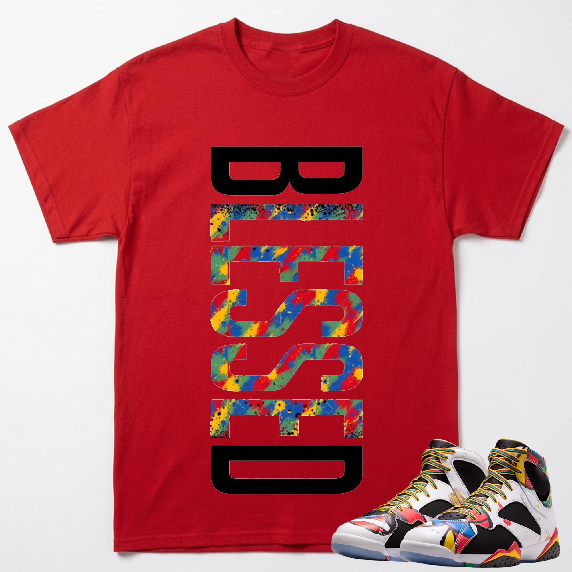 BLESSED Shirt to Match Retro 7 Miro, RETRO 7 Miro White Multi-Color Varsity Royal Sneaker Match Tee